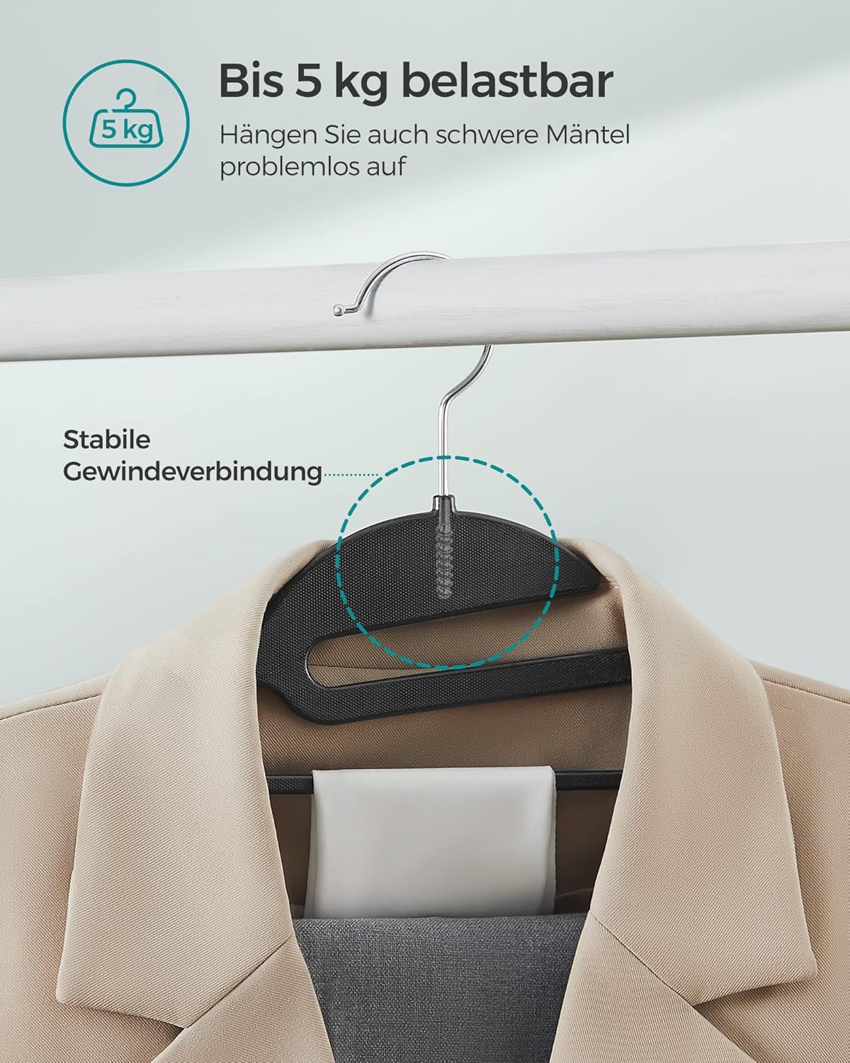 Thumbnail 4 de SONGMICS Kleiderbügel aus Kunststoff (20er-Set) mit U-förmiger Öffnung, 360° drehbarer Haken, 0,5 cm dünn – schwarz-braun CRP041B02