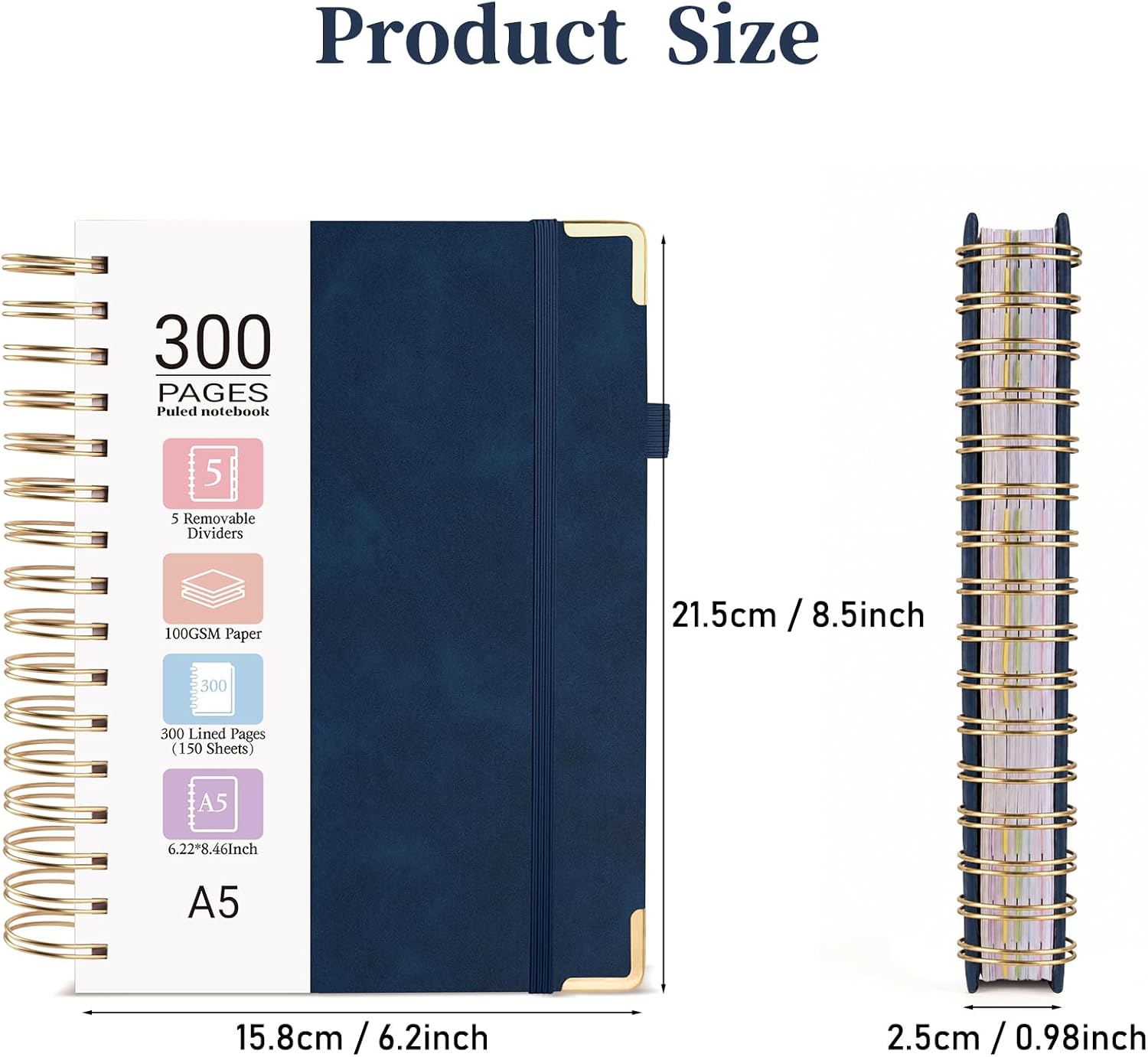 Detalle de MOFELON A5 Notebook with Dividers: 300-Page Spiral Journal in Navy Blue