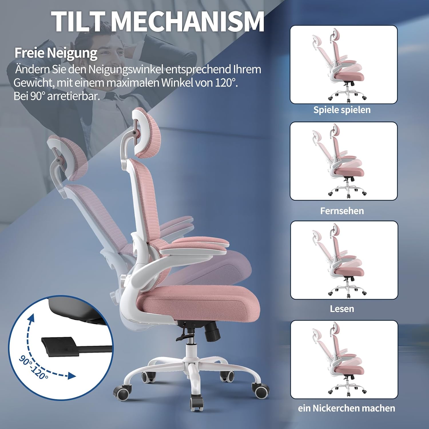 Detalle de TRALT Bürostuhl ergonomisch mit verstellbarer Lordosenstütze, Kopfstütze und 150 kg Tragkraft – rosa