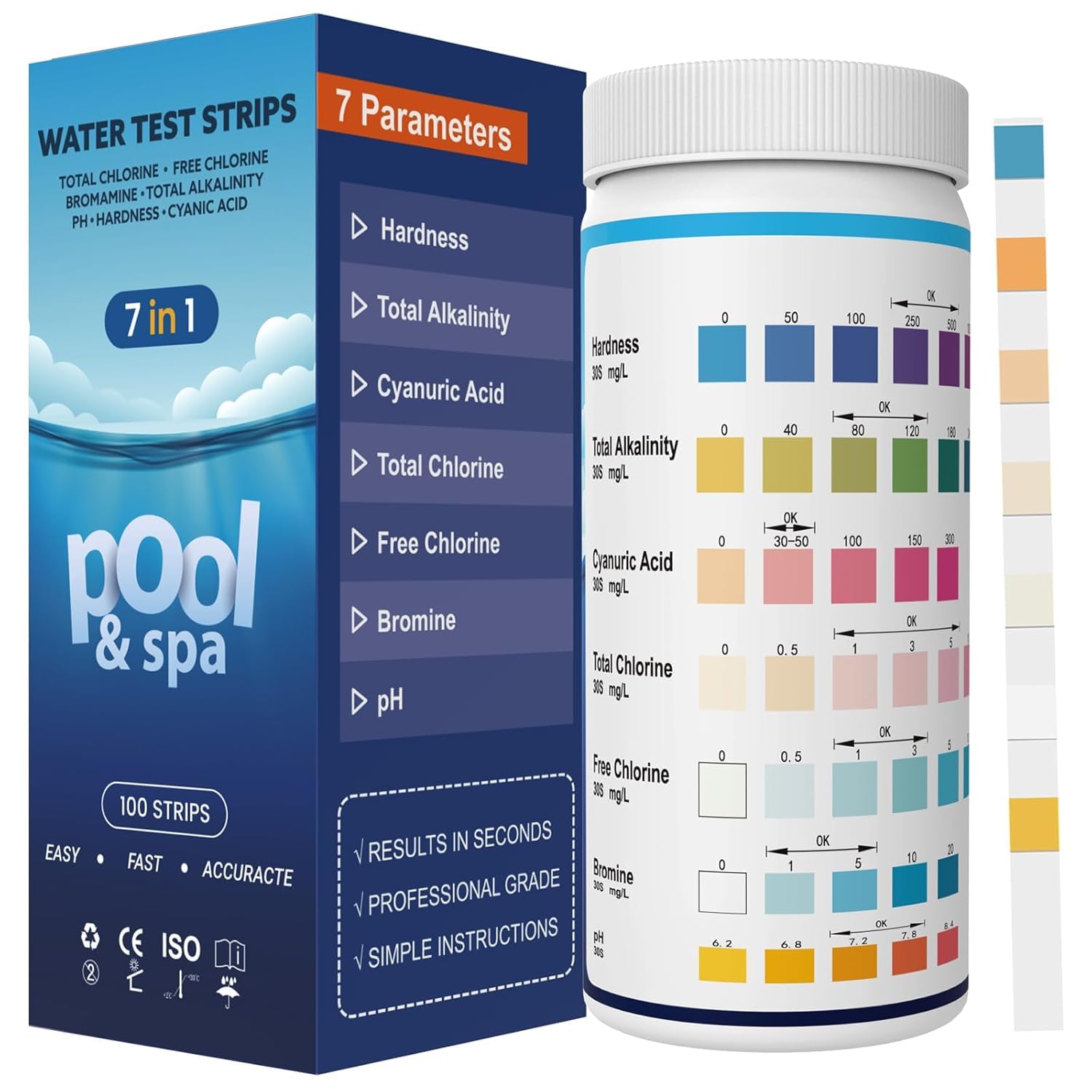 Thumbnail 6 de AKSBTEC 8-in-1 Pool-Teststreifen – Salzgehalt, pH, Chlor & mehr (100 Stück)