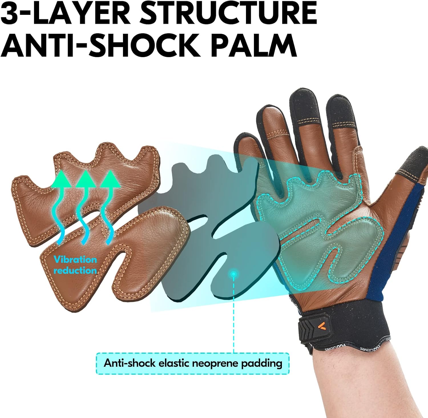 Thumbnail 2 de Vgo... Work Gloves Men: Touchscreen Cowhide Palm, Heavy Duty Anti-Impact Utility Gloves (Size L, 1 pair)
