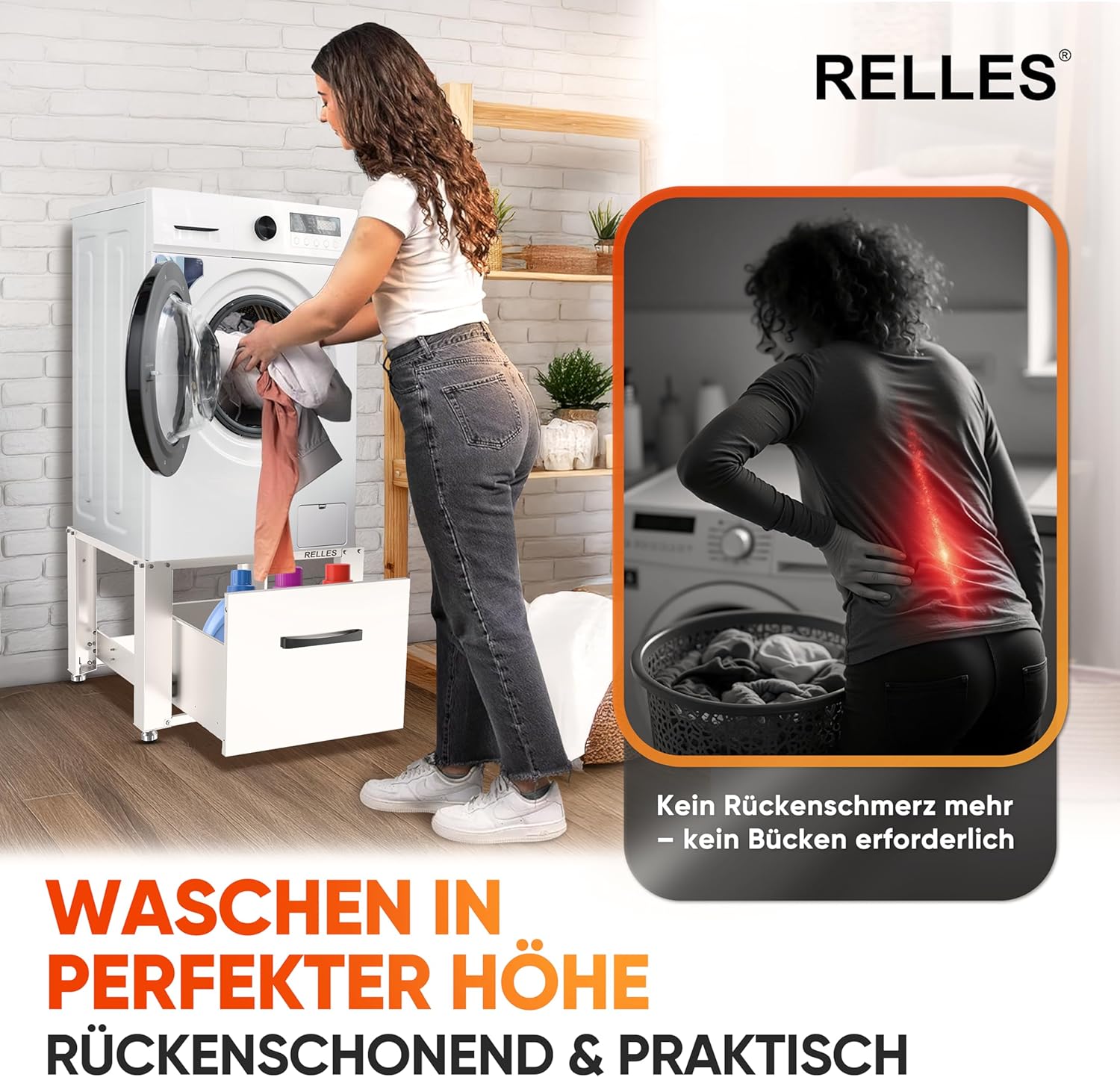 Detalle 2 de RELLES Waschmaschinen-Untergestell mit Schublade bis 500 kg, Stahlrahmen & höhenverstellbaren Füßen