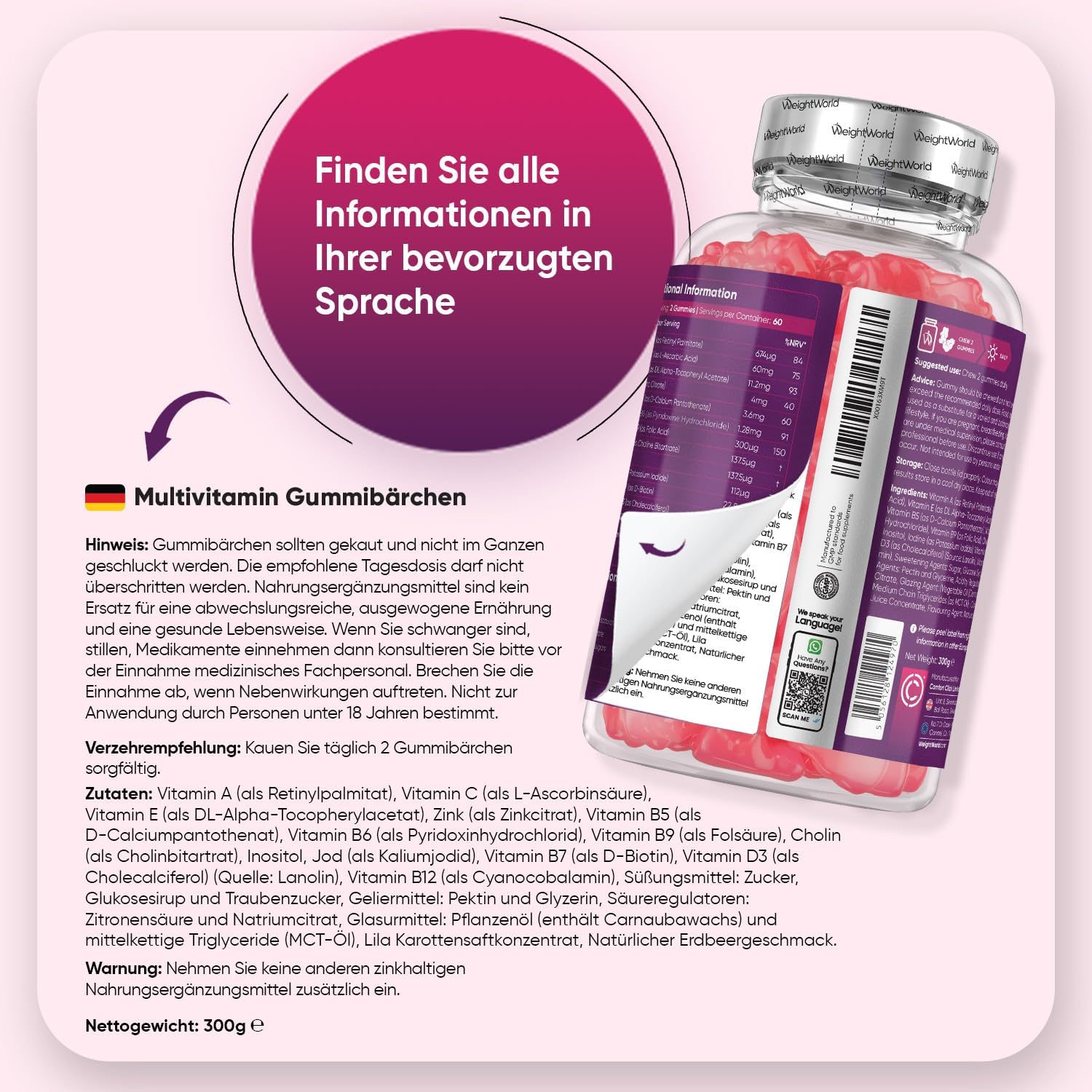 Thumbnail 3 de WeightWorld Multivitamin Gummibärchen – 120 Gummies mit 13 Zutaten (u. a. Zink, Vitamin C, D3, A, E) im Erdbeergeschmack