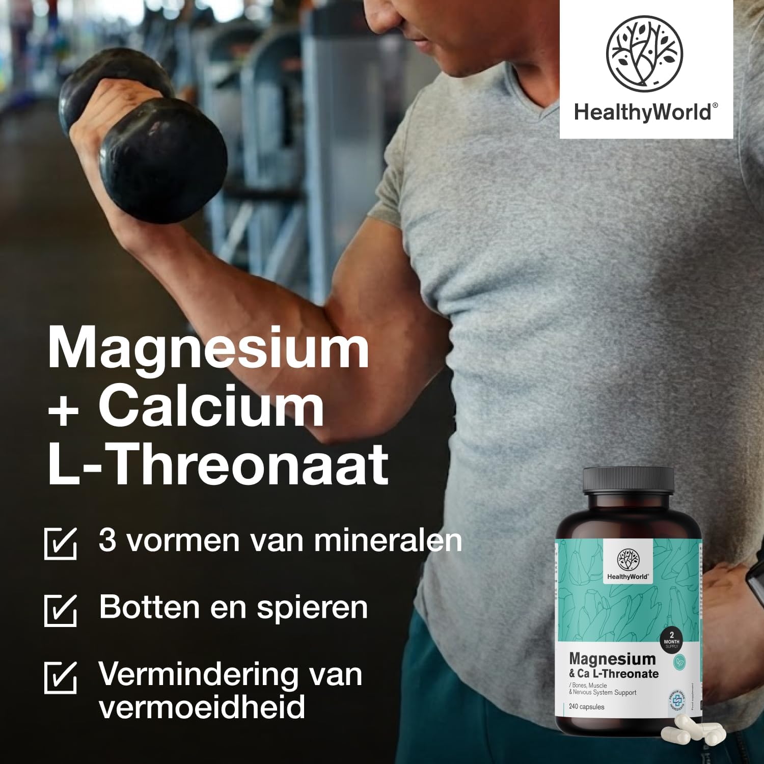 Thumbnail 2 de HealthyWorld Magnesium + Calcium L-Threonaat, 240 capsules met citraat en bisglycinaat