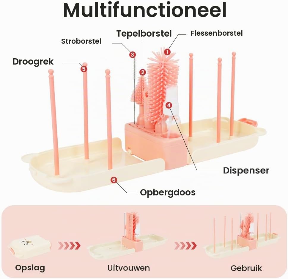 Detalle 2 de Vicloon 6-in-1 babyflessenborstelset met siliconen borstels, opbergdoos en droogrek