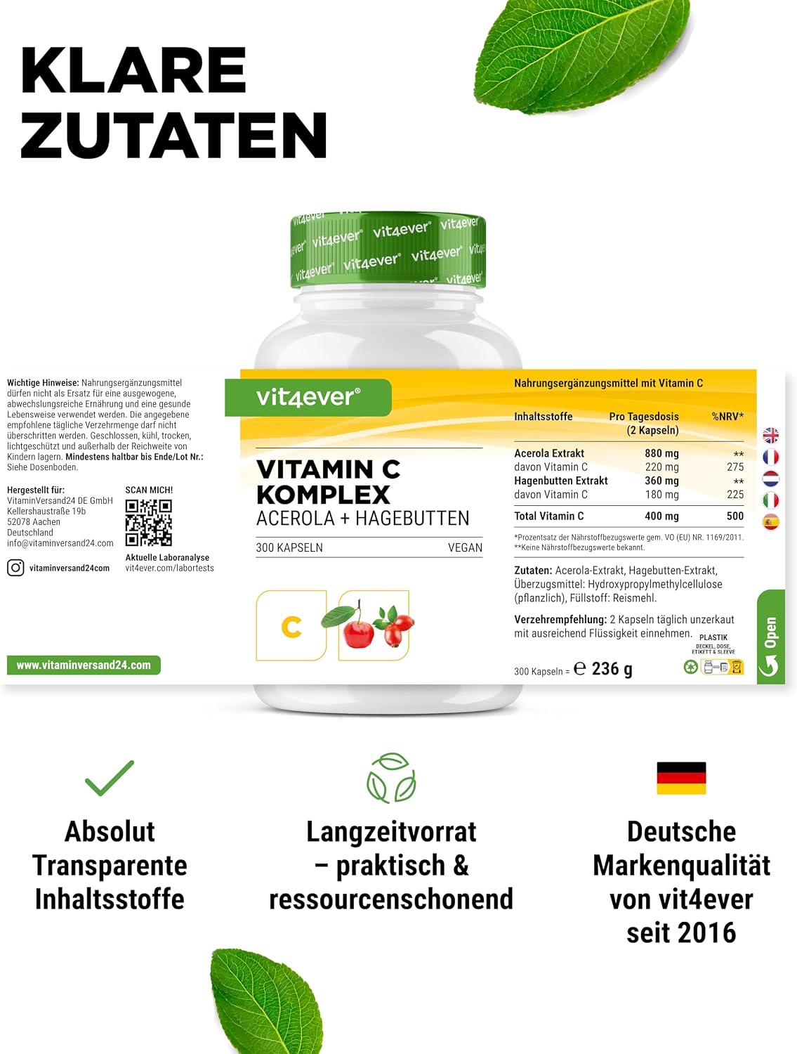 Detalle de vit4ever Natürlicher Vitamin C Komplex mit Acerola- & Hagebutten-Extrakt – 300 Kapseln (5 Monatsvorrat)