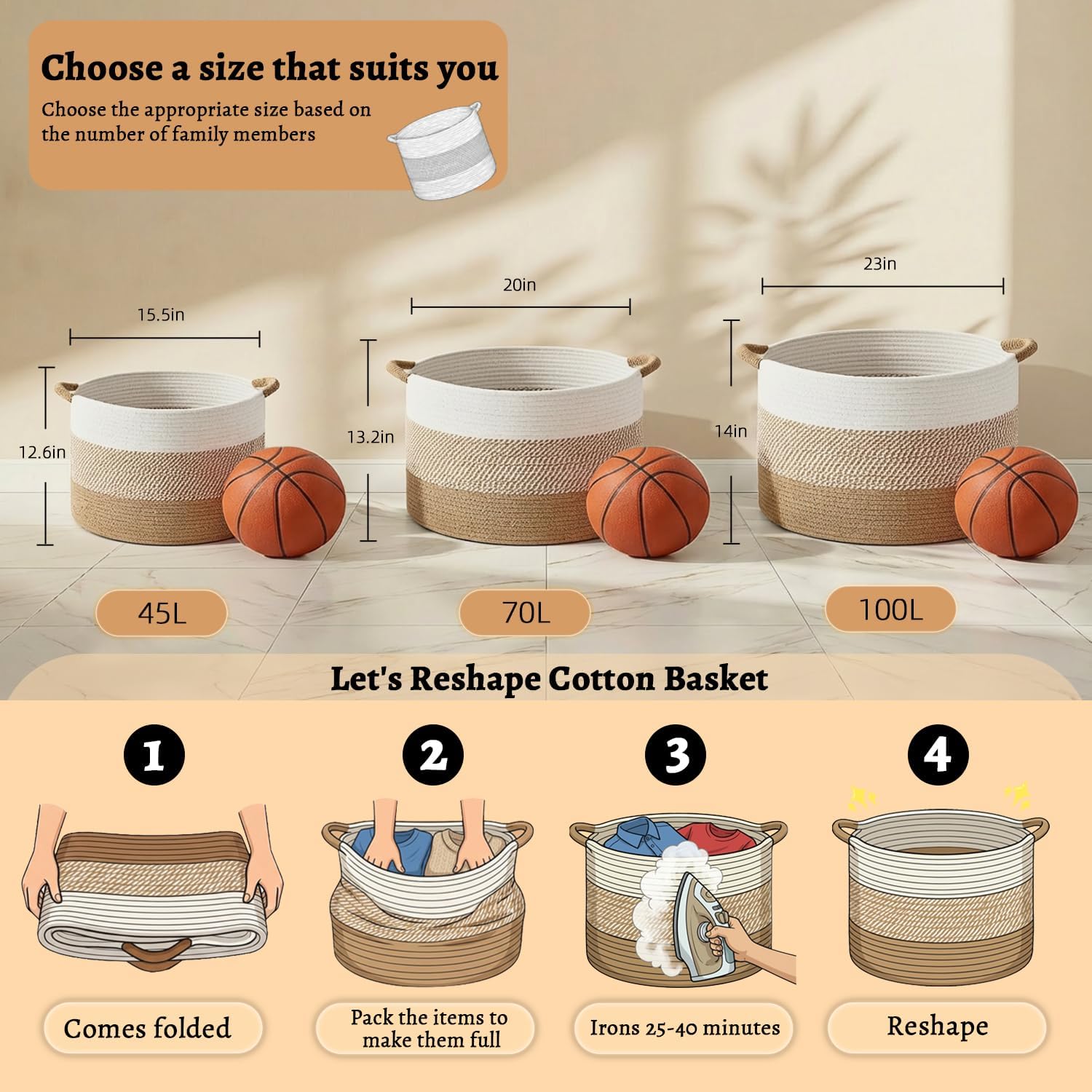 Thumbnail 6 de Artfeel 70L Cotton Rope Basket, Brown Woven Storage for Blankets and Toys
