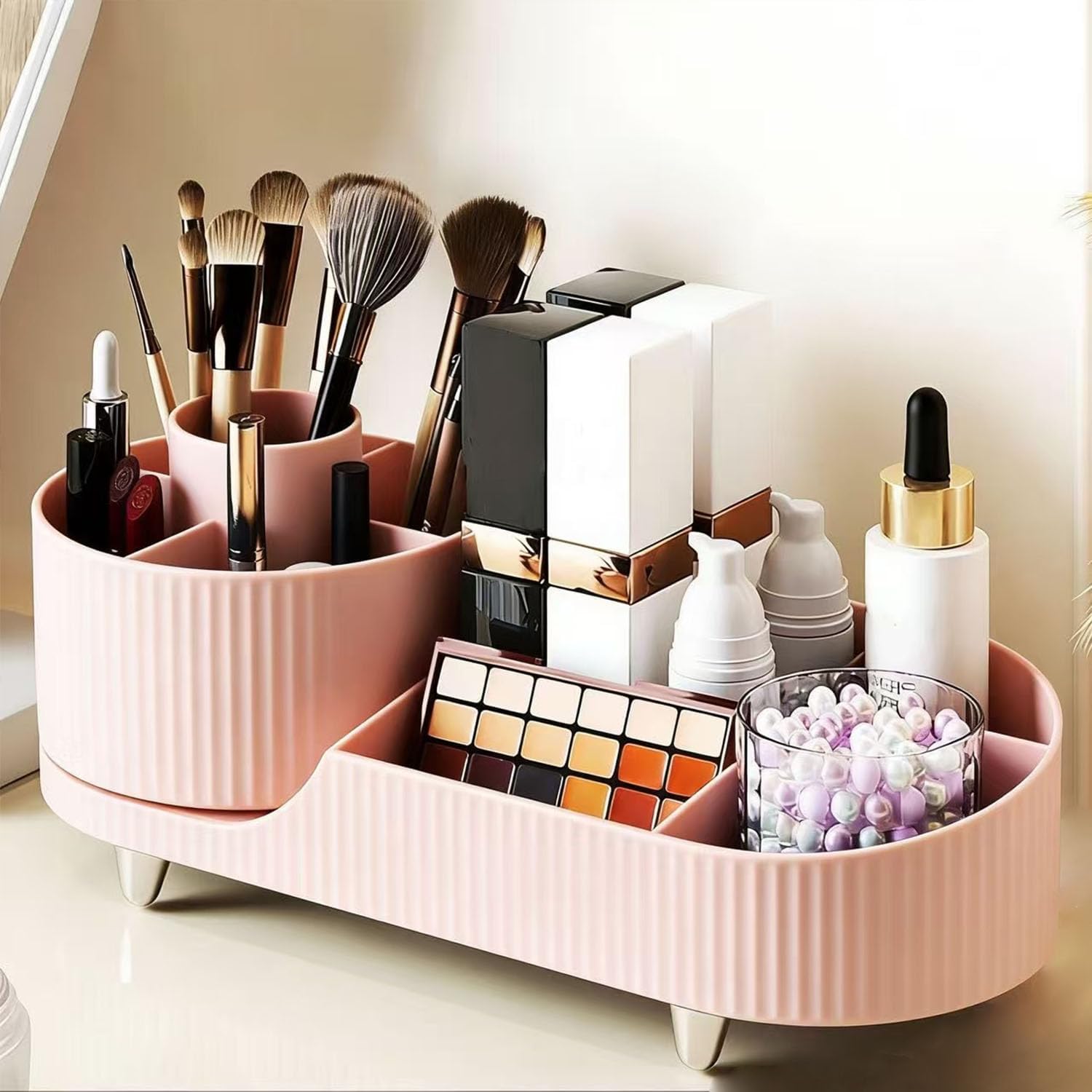 Detalle de Lepat Makeup Organiser: 360° Rotating 2‑in‑1 Cosmetic and Skincare Storage
