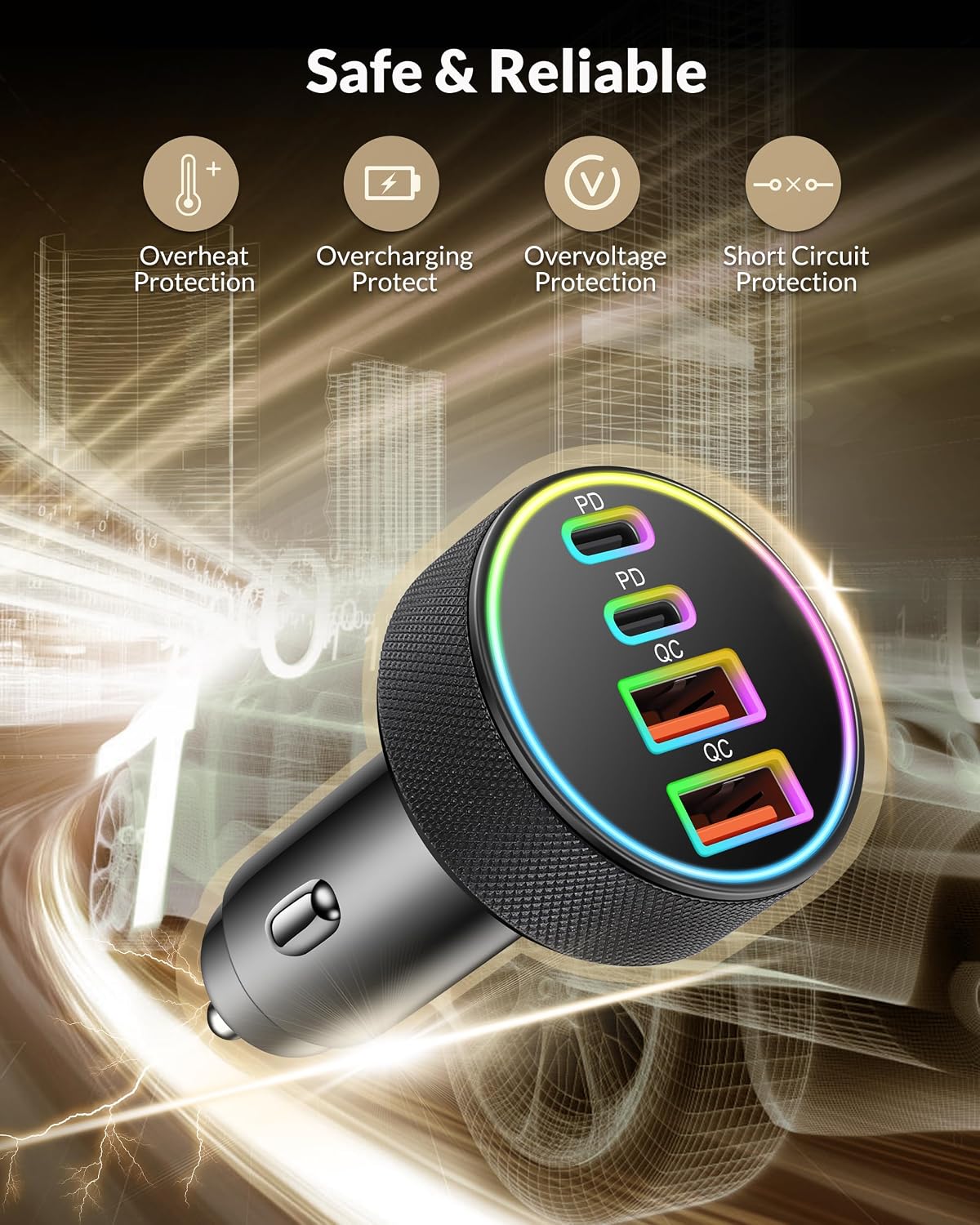 Detalle 2 de 90W 4‑Port USB‑C Car Charger with 45W Dual Ports