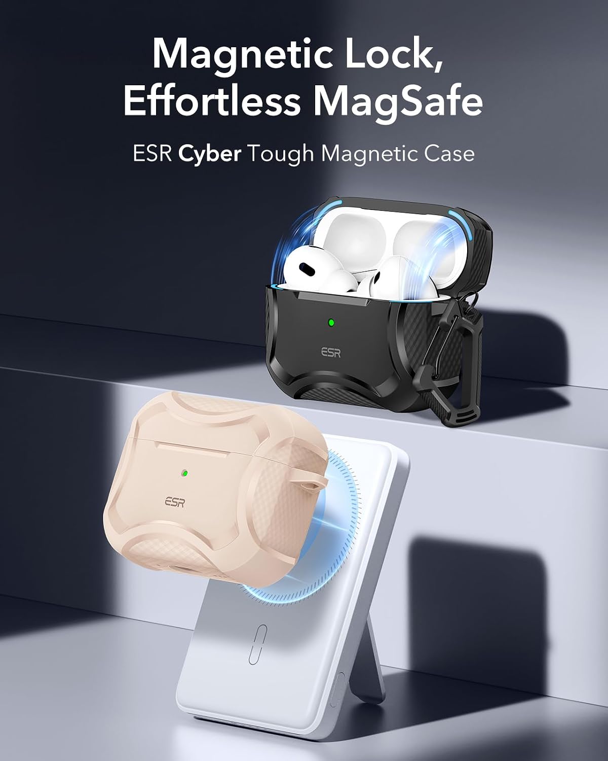 Detalle de ESR Cyber Armor Panzer Hülle für AirPods Pro 2 (2023/2022) & Pro 1 (2019) – MagSafe-ready, starker Sturzschutz, Magnete, Wüstentitan