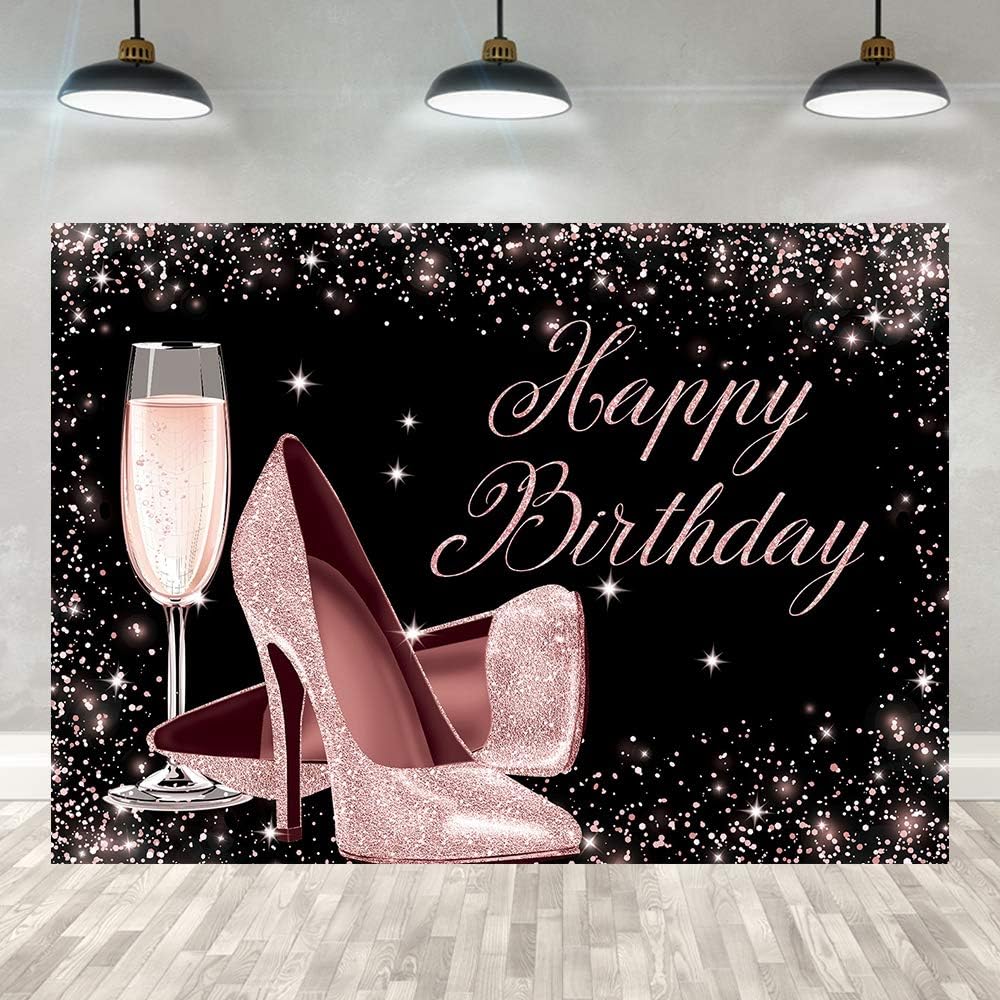 Thumbnail 1 de Happy Birthday Hintergrund für Frauen (Schwarz & Rosa) von BINQOO – Vinyl-Fotohintergrund mit Glitzer, 210 x 150 cm