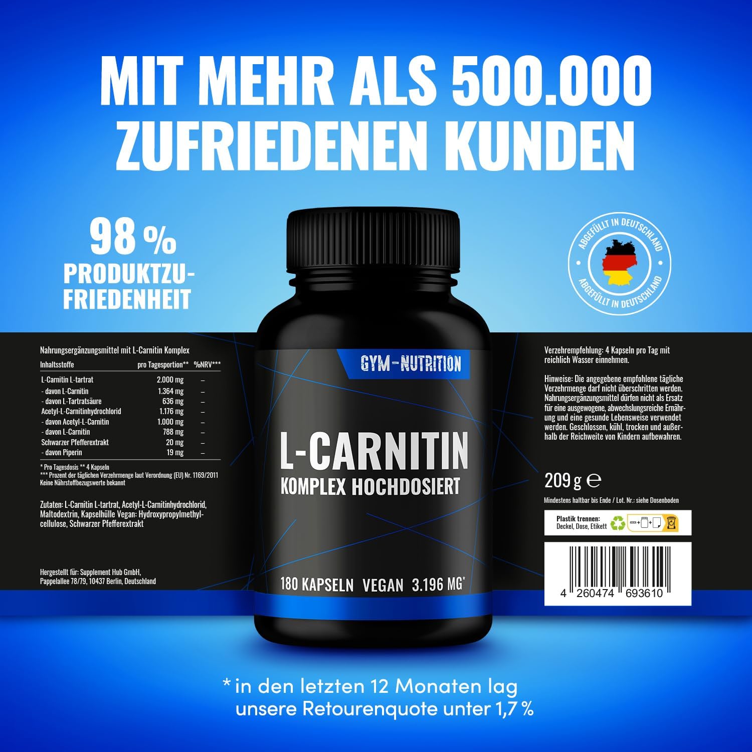Thumbnail 1 de L-Carnitin Dreifach Komplex 3196 mg – Hochdosierte vegane L-Carnitin-Kapseln (180 St.)
