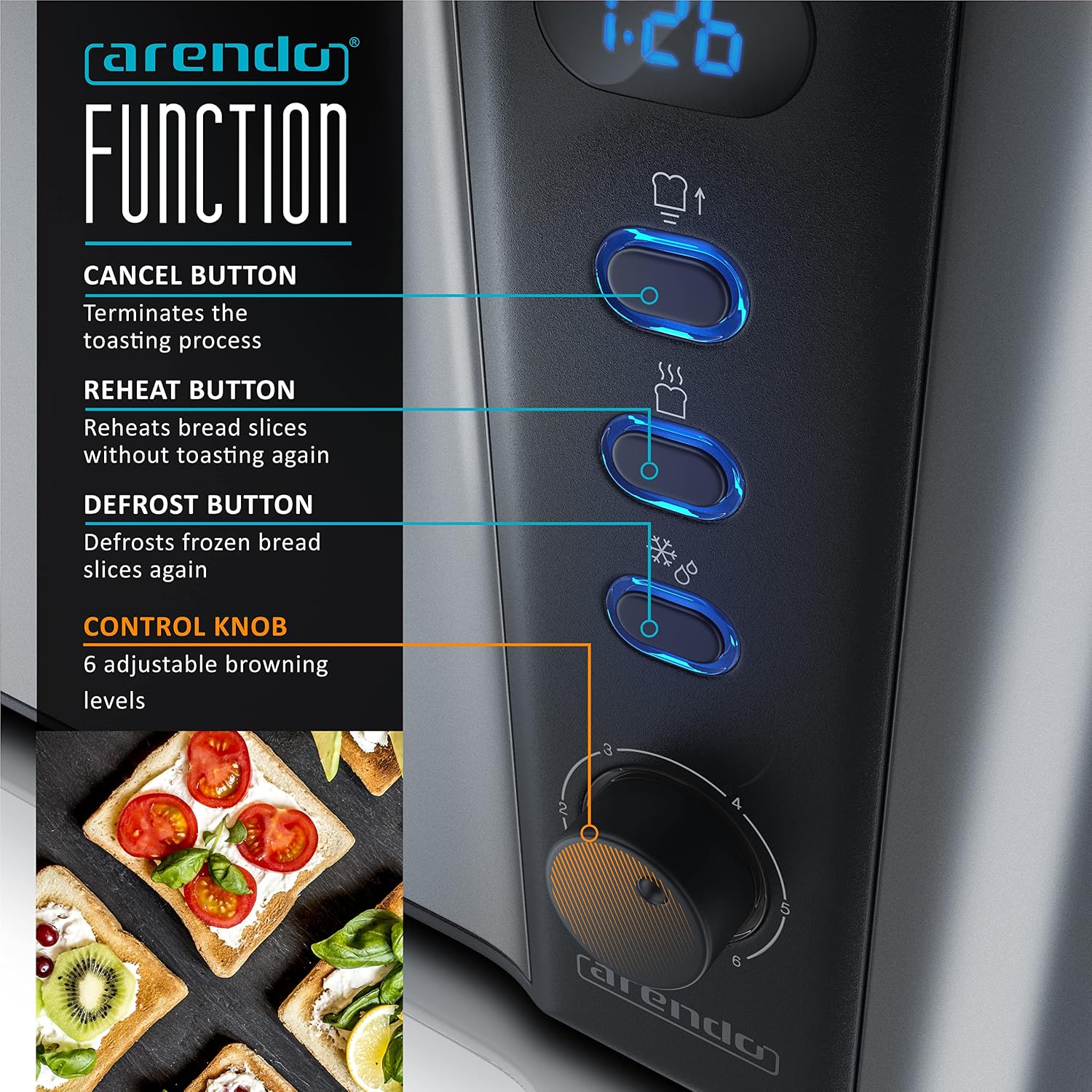 Detalle de Arendo Frukost 4-slice long slot toaster 6-settings 🍞