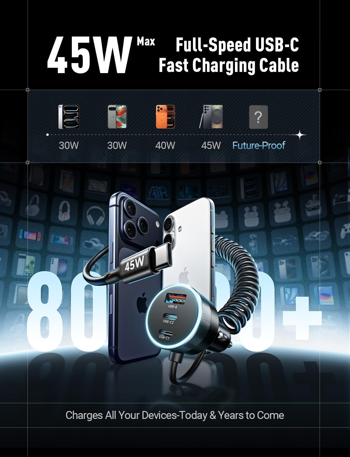 Detalle 2 de LISEN 4 in 1 USB Car Charger with 90W Fast Charge (2× USB-C 45W, USB-A 30W) and 1.3m Retractable Cable