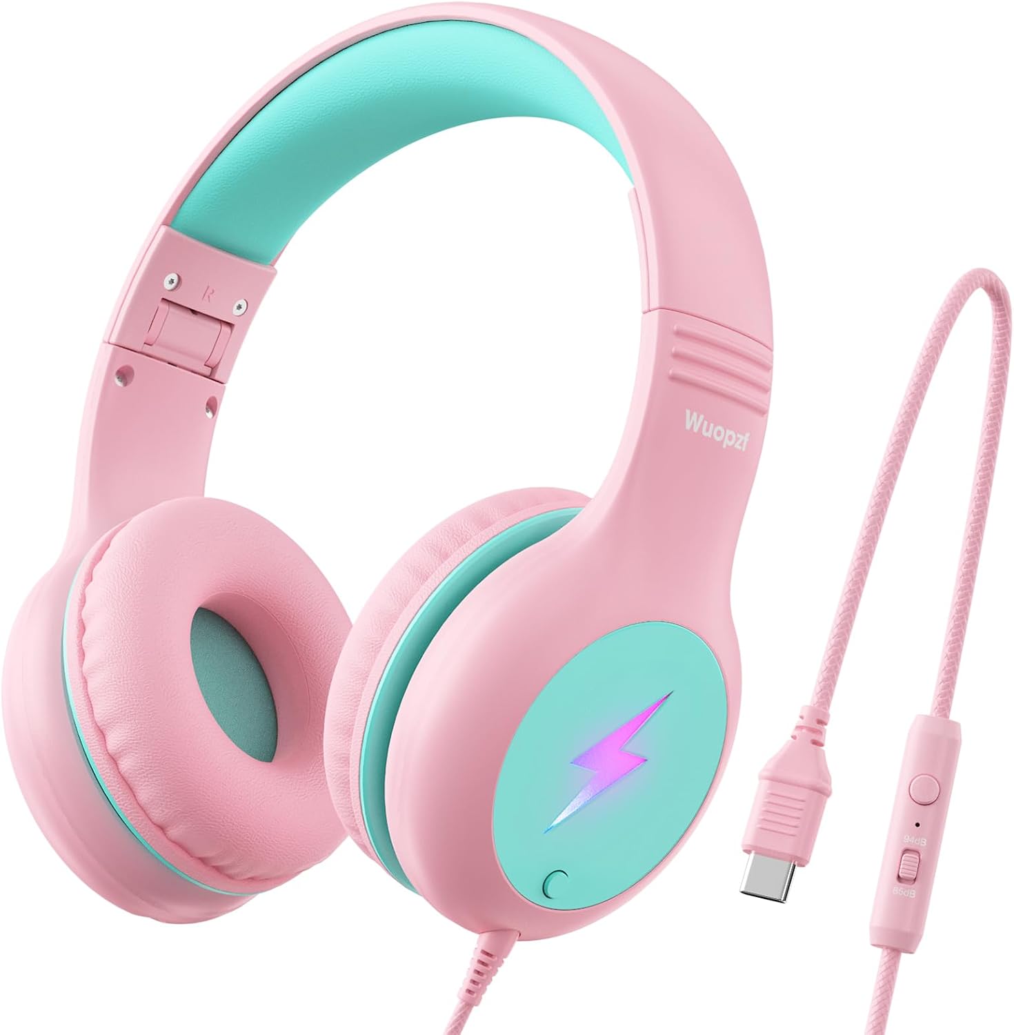 Detalle de Wuopzf Kids USB-C Over-Ear Headphones with Volume Limiter, Mic & LED Lights (Pink) – Foldable School Set