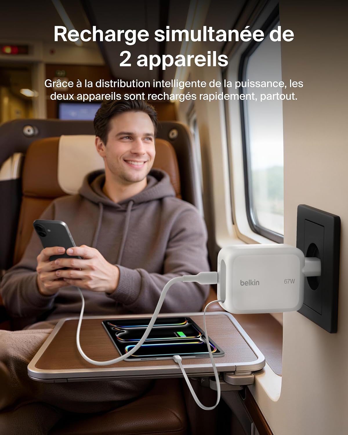 Detalle de Belkin Chargeur USB-C GaN 67 W avec câble rétractable 1 m – PD PPS et charge simultanée