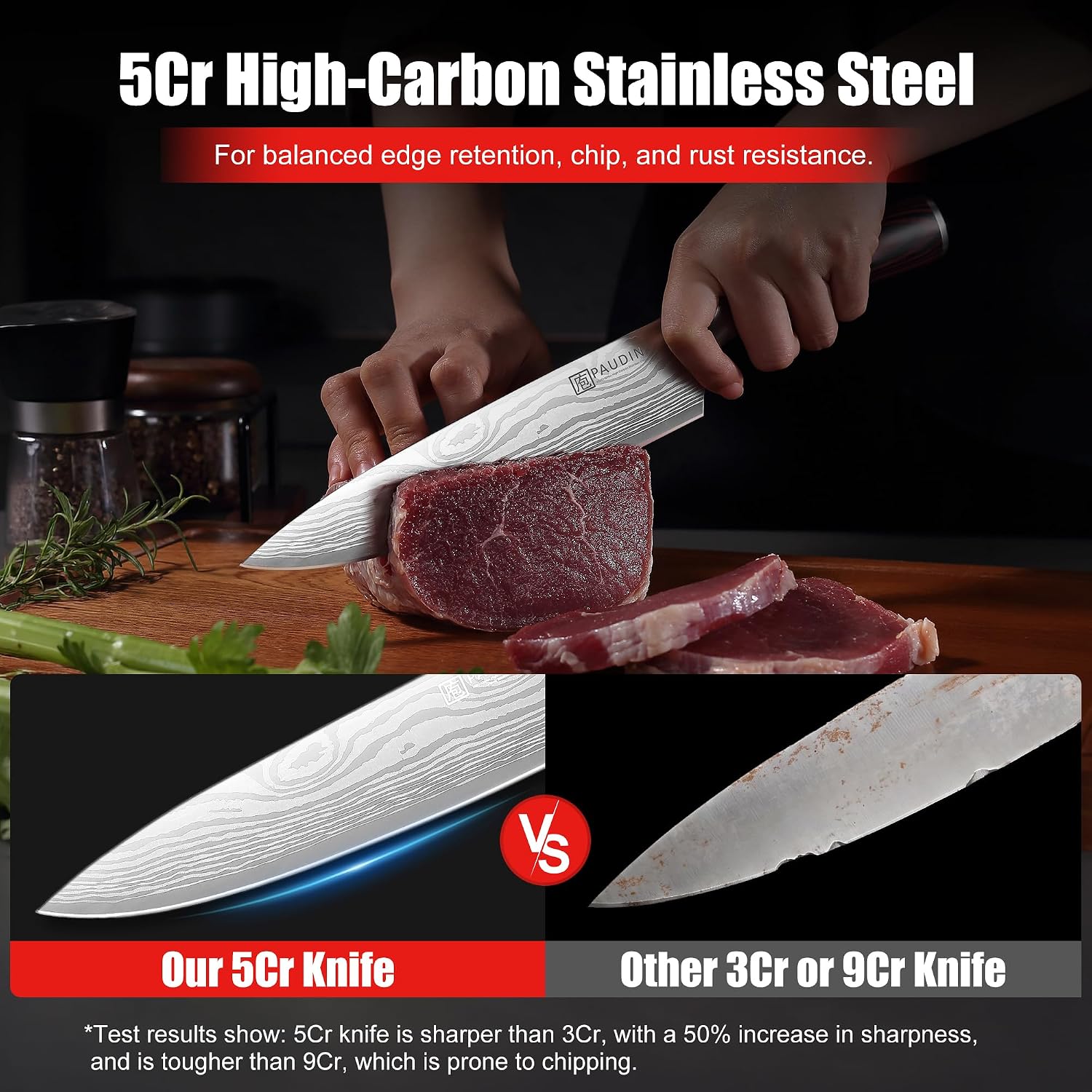 Detalle de PAUDIN 8-Inch Chef Knife, High-Carbon Stainless Steel, Wood Handle