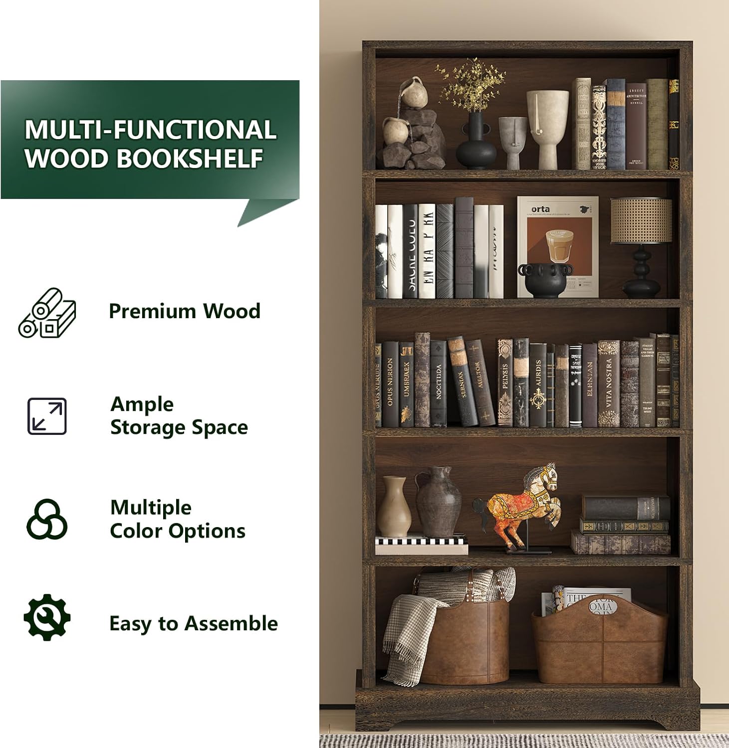 Detalle de TVU 5-Tier Solid Wood Book Shelf (Walnut) — Floor-Standing 65" Farmhouse Bookcase