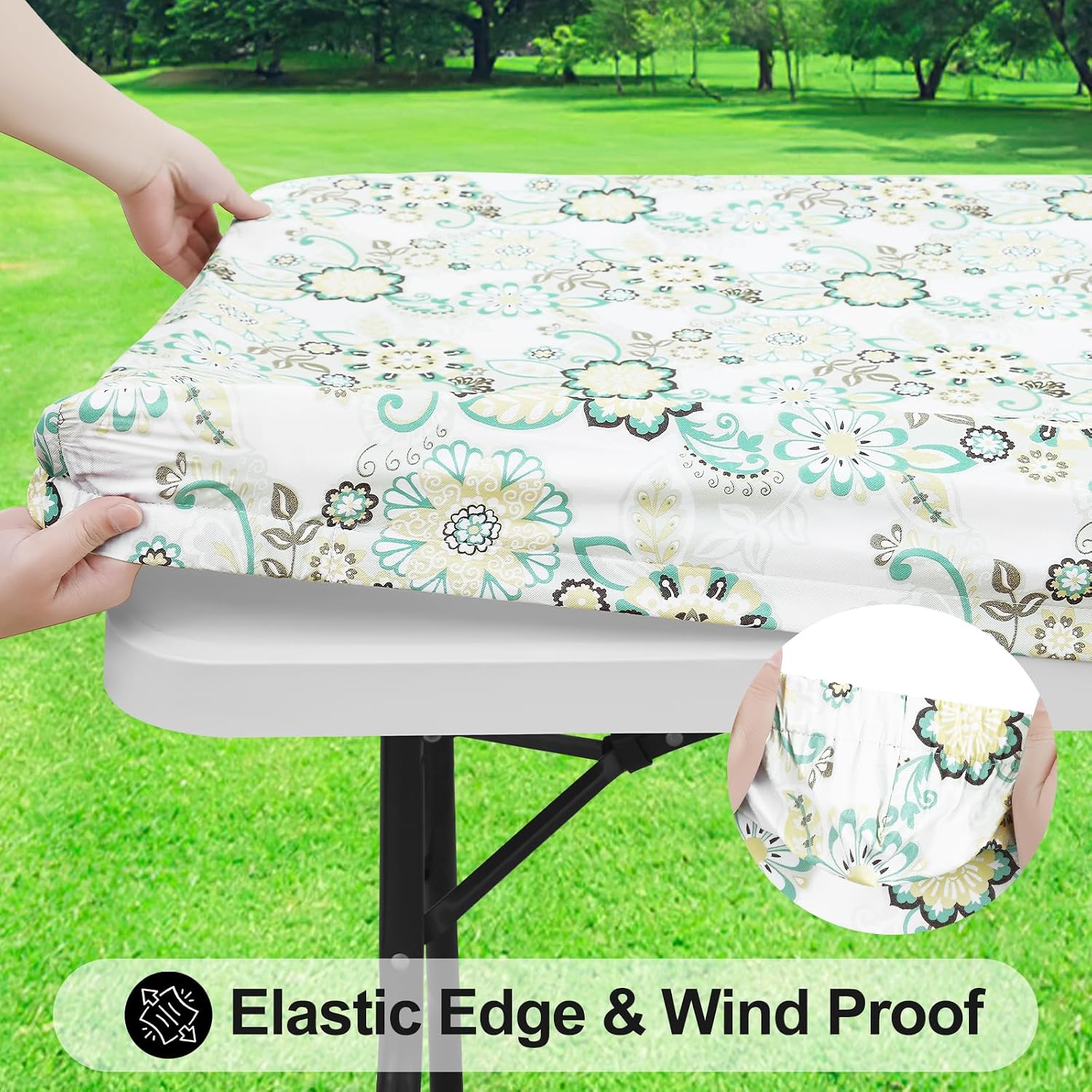 Detalle de Smiry 48" x 30" Fitted Vinyl Tablecloth, Teal & White, Waterproof