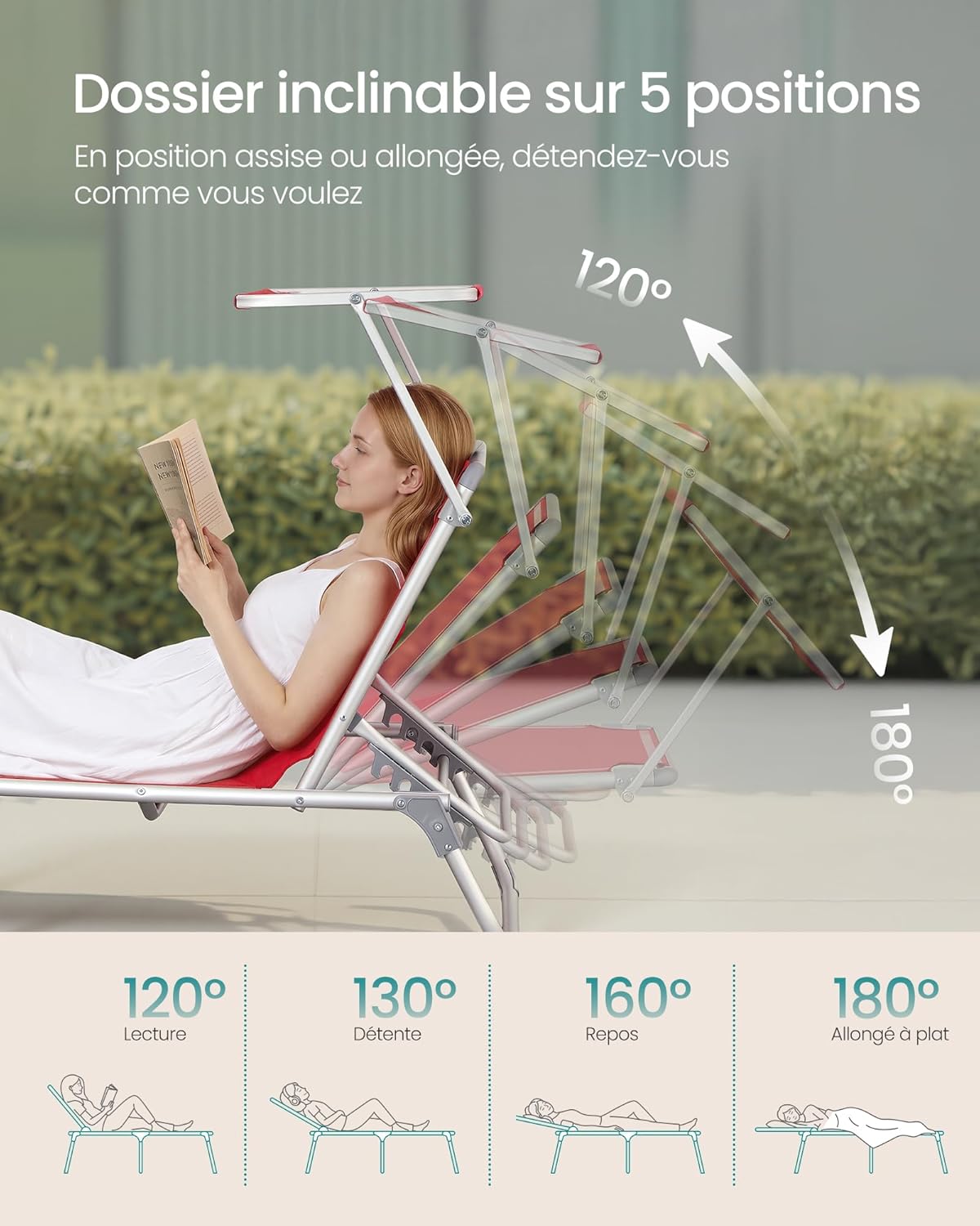 Detalle de SONGMICS Bain de Soleil pliable GCB19RD : transat rouge avec pare-soleil et dossier inclinable