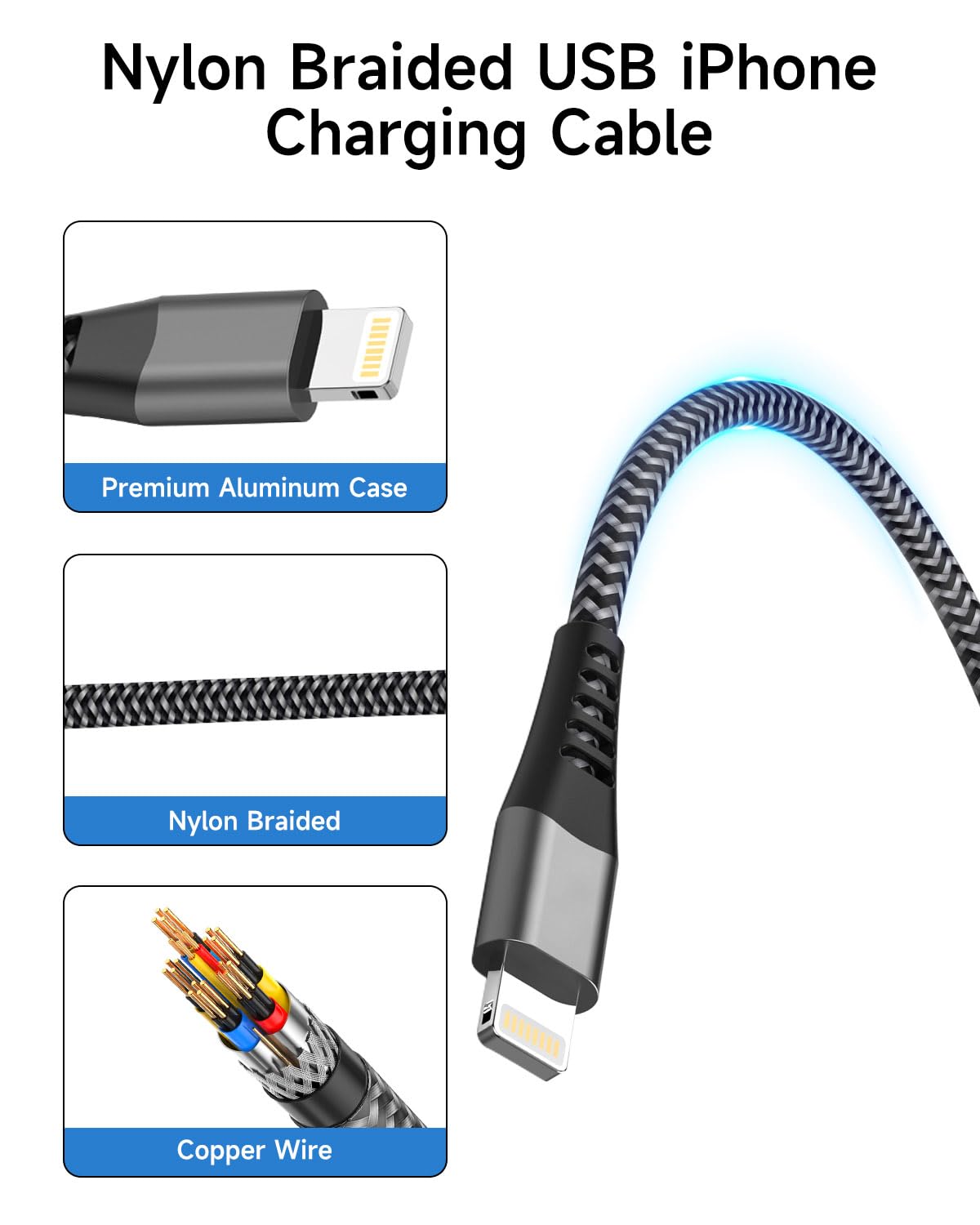 Detalle 2 de Câble iPhone Charge Rapide 3 m Anssan (Lightning USB certifié Apple MFi)