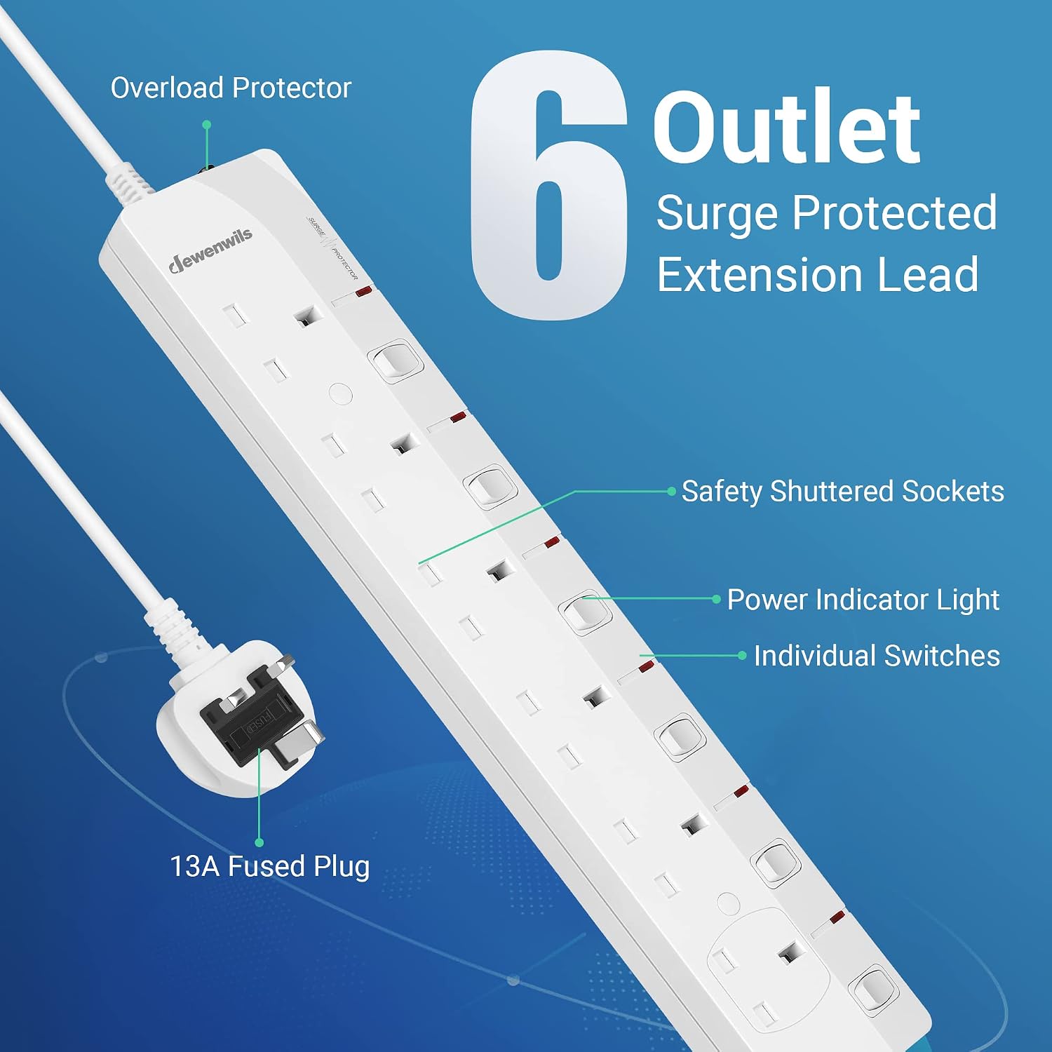 Detalle 2 de DEWENWILS 6 Way Surge Protected Extension Lead 3M
