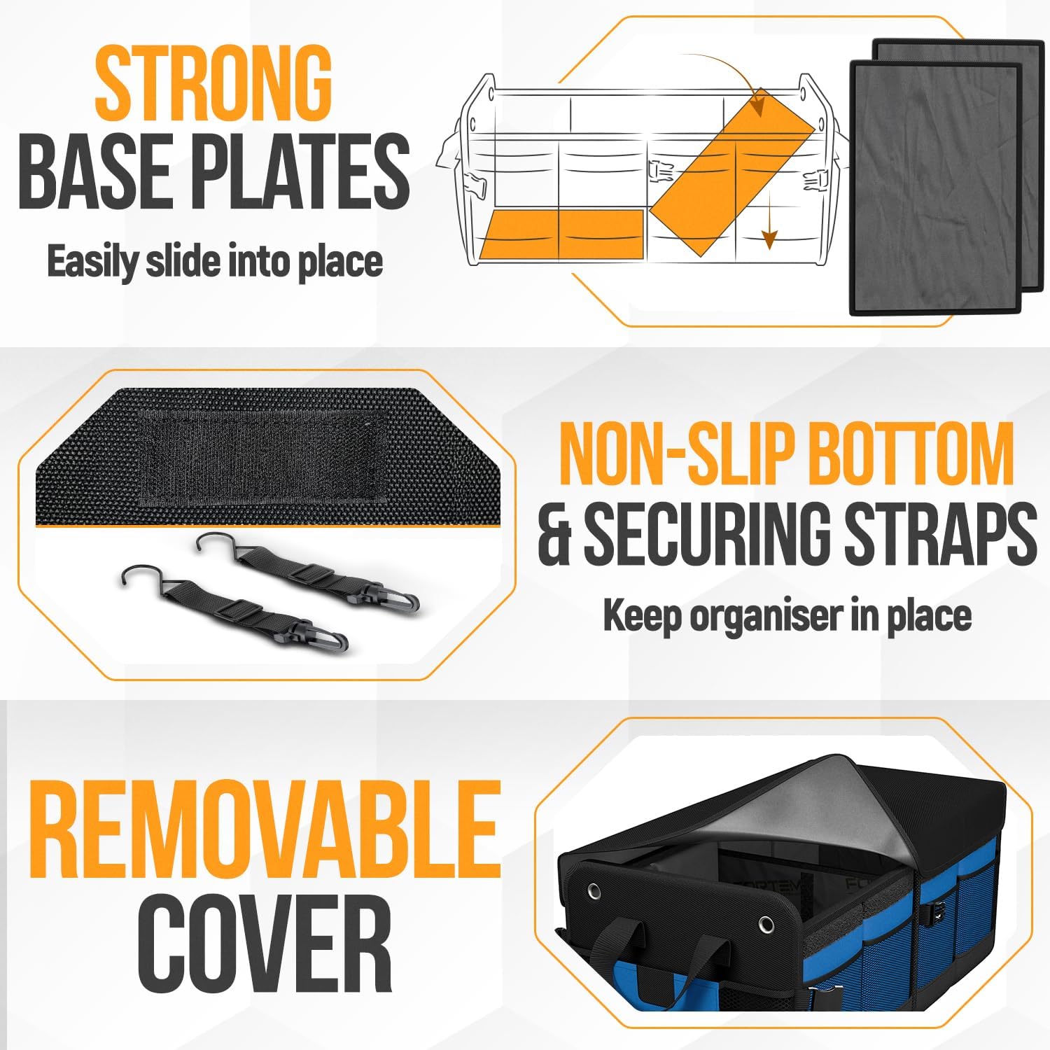 Detalle 2 de FORTEM Car Boot Organiser (65L) – collapsible multi-compartment trunk storage with straps