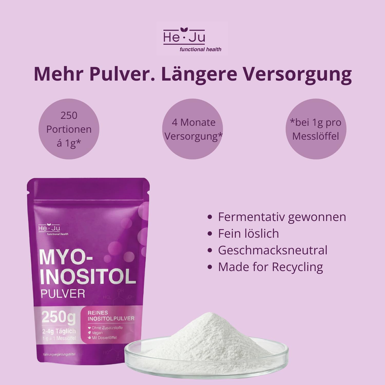 Thumbnail 2 de Myo-Inositol Pulver 250 g (100% reines Myo-Inositol) – 4.000 mg pro Portion, vegan & geschmacksneutral inkl. Dosierlöffel