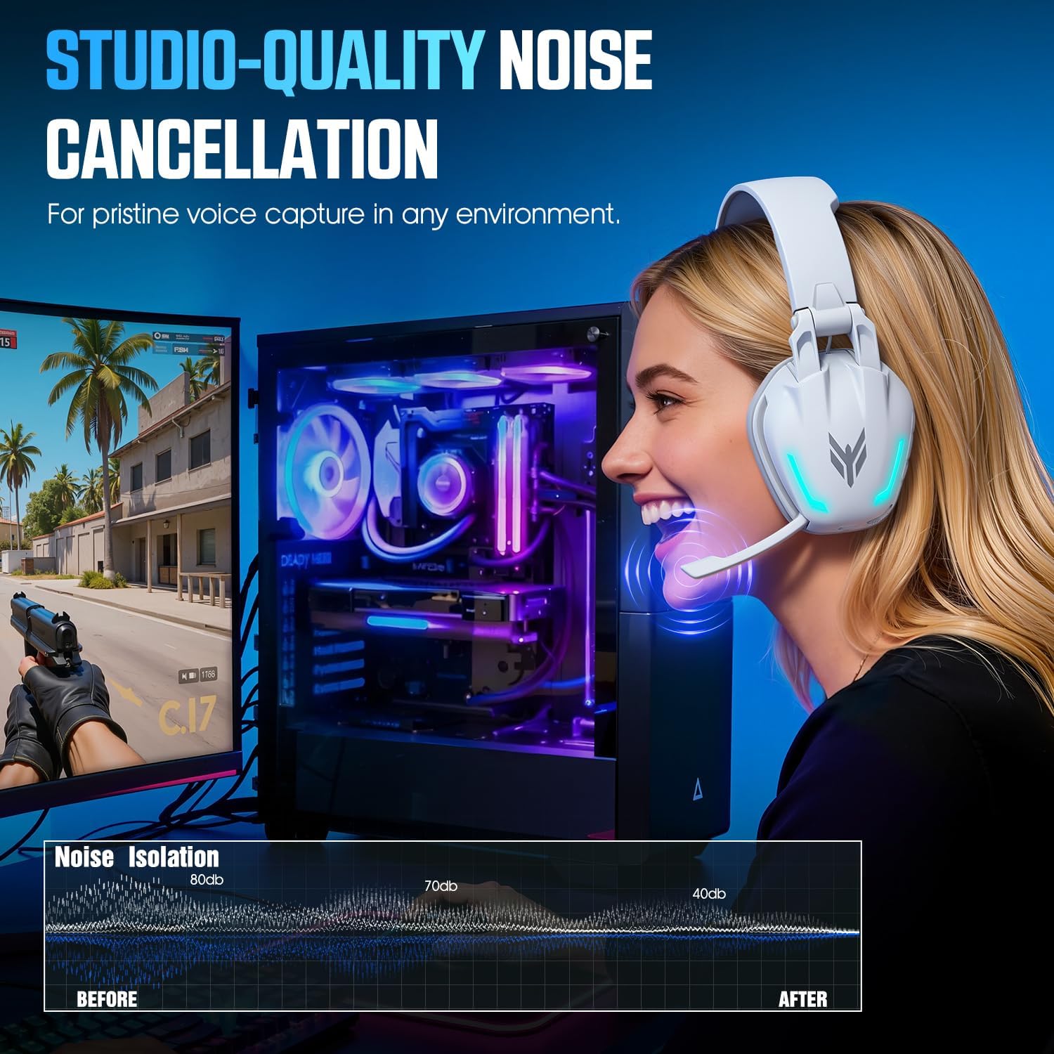 Detalle 2 de BENGOO Wireless Gaming Headset, 60-Hour Battery Life