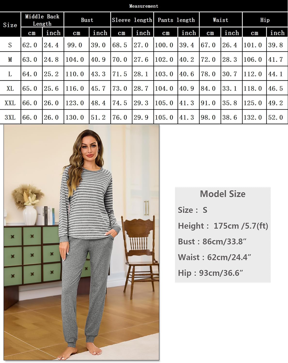 Thumbnail 6 de Litherday Pyjama Femme Hiver en Coton – Ensemble rayé à manches longues, col rond