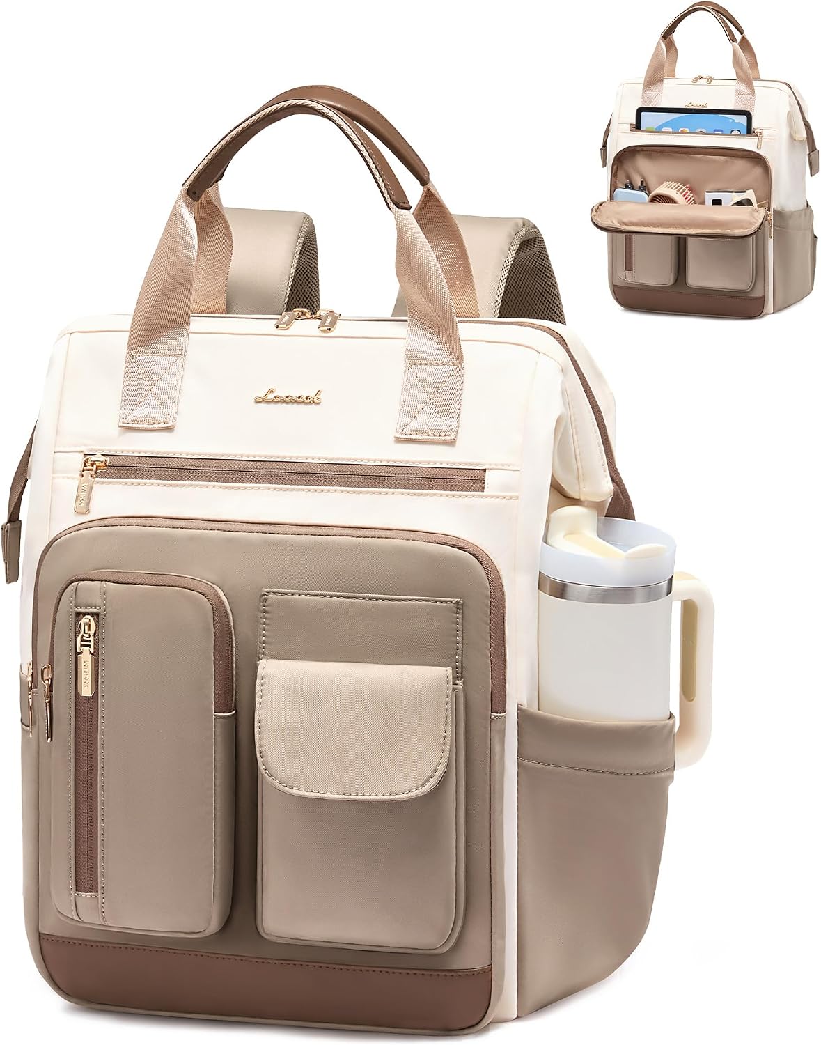 Detalle de LOVEVOOK Damen-Rucksack 15,6 Zoll – 2-in-1 Handtasche, wasserdicht, 20 Taschen, großes Fach, ideal für Schule, Uni, Arbeit und Reisen