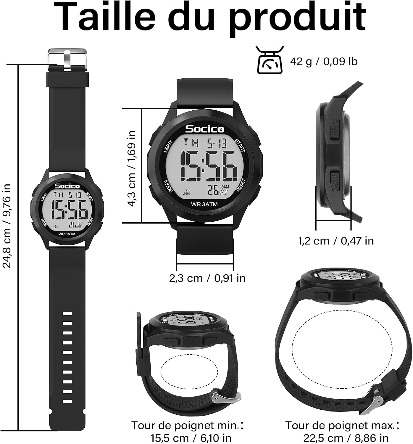 Detalle de SOCICO Montre Numérique Homme Étanche Look Militaire, Double Temps Chrono