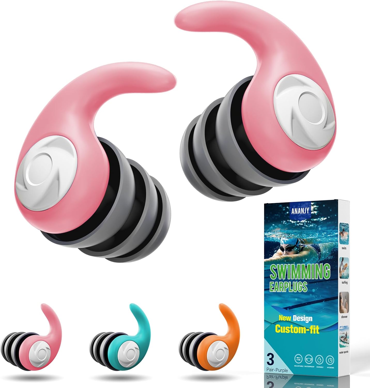 Thumbnail 6 de Waterproof Swimming Ear Plugs for Adults – 3 Pairs of Reusable Soft Silicone Ear Protection