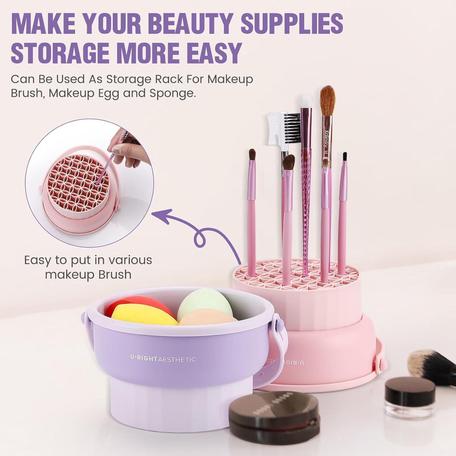 Detalle de Makeup Brush Cleaner Mat 3-in-1 Silicone Bowl for Washing, Upside-Down Drying & Storage (Purple)