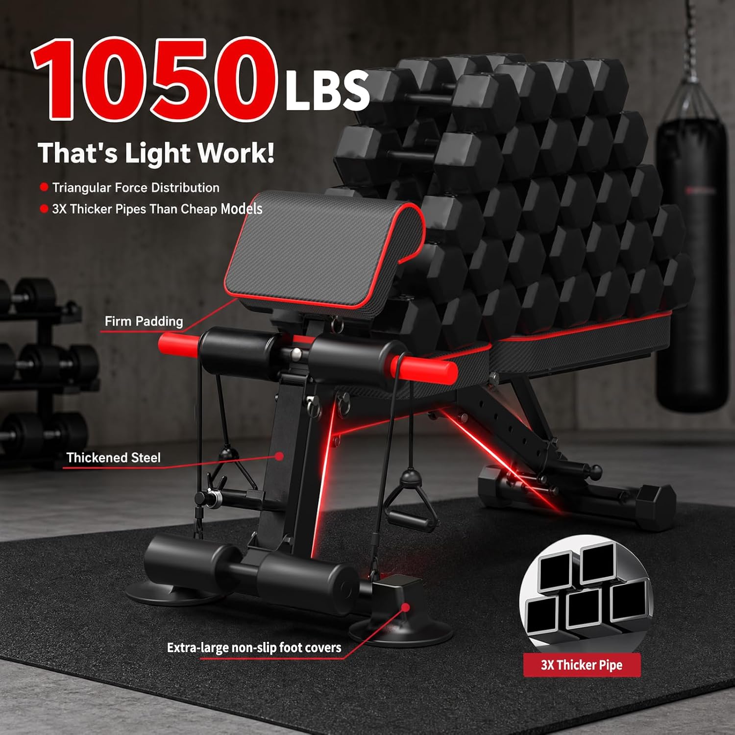Detalle de K KiNGKANG Adjustable Weight Bench, Foldable, 1,050 lb Capacity, 8-Position Backrest