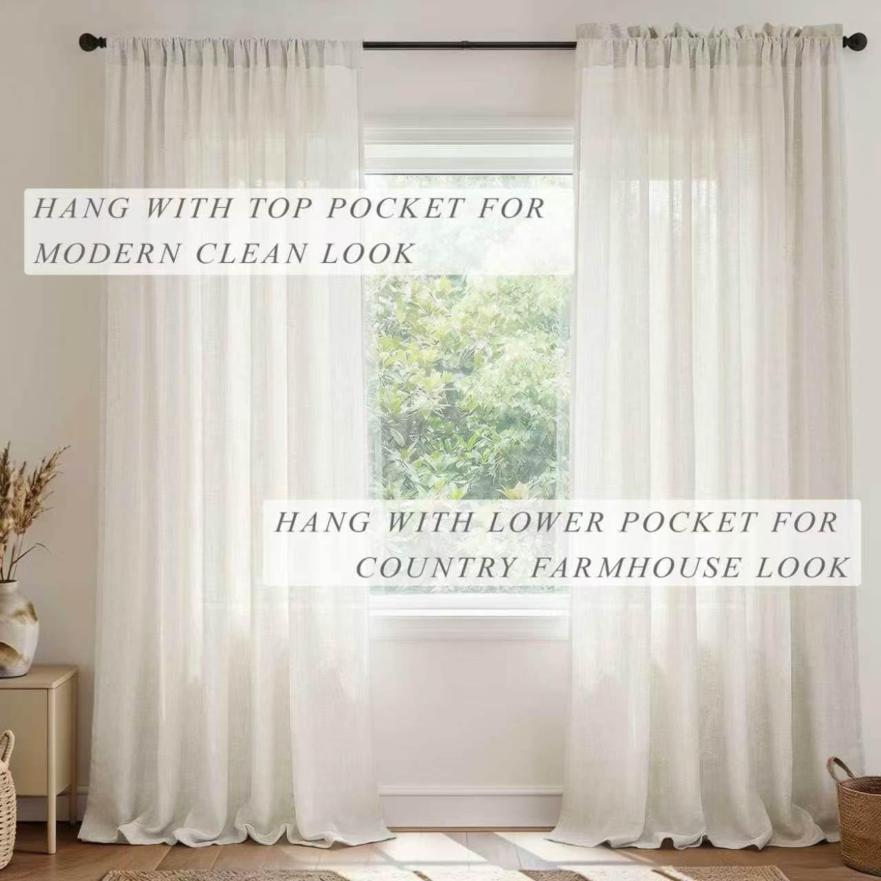 Thumbnail 3 de Mrs.Naturall Linen Curtains 102-Inch Long, 2-Panel Set in Ivory Cream – Light Filtering Semi-Sheer, Rod Pocket