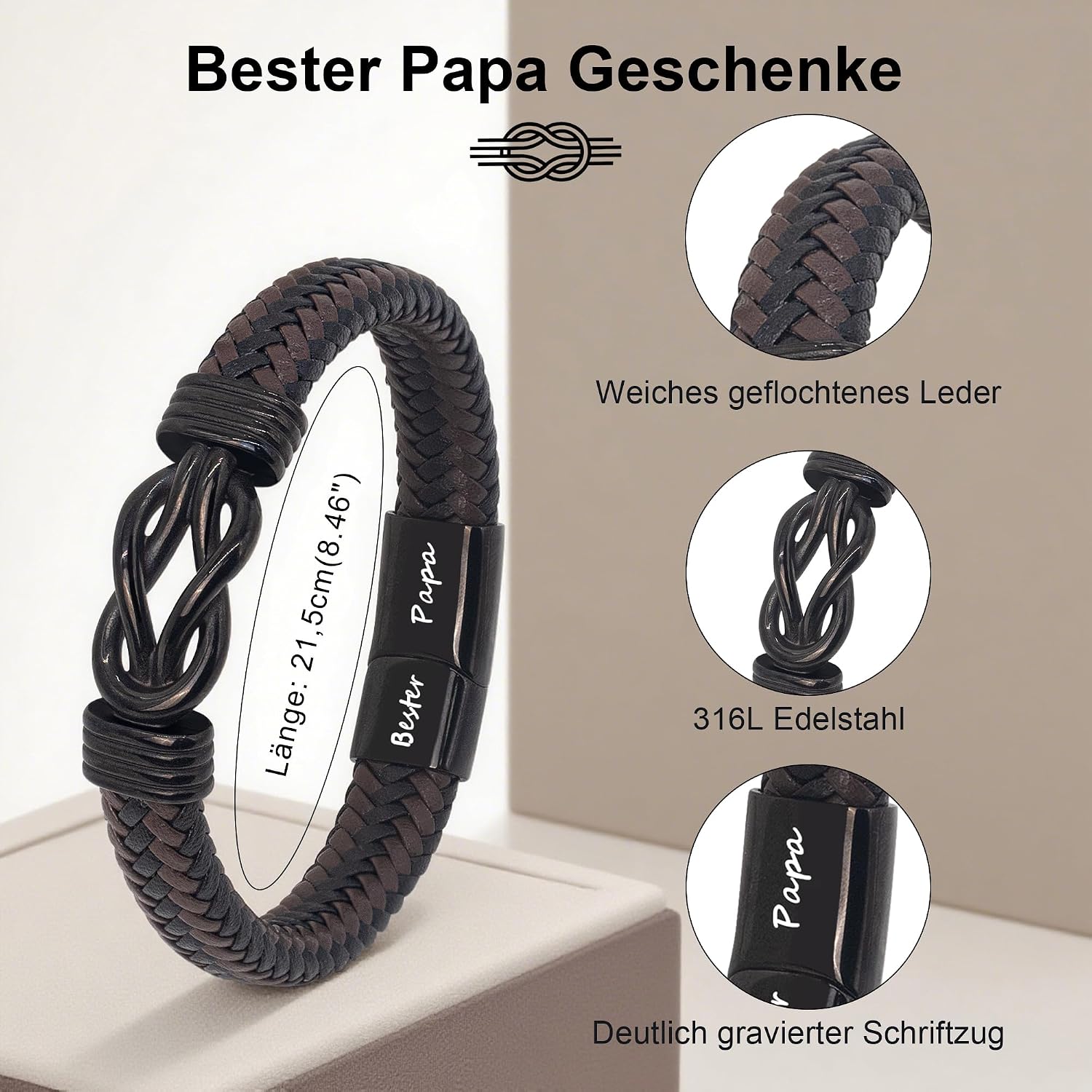 Detalle de HAYOUWAY Lederarmband für Herren „Ich Liebe…“ mit Gravur – geflochtenes Infinity-Design als Geschenk