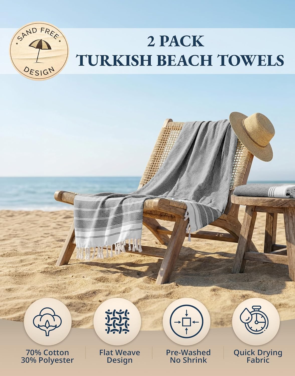 Detalle 2 de Lane Linen Beach Towel (2-Pack) — Oversized 39" x 71" Quick Dry, Sandproof Travel Towels in Ebony