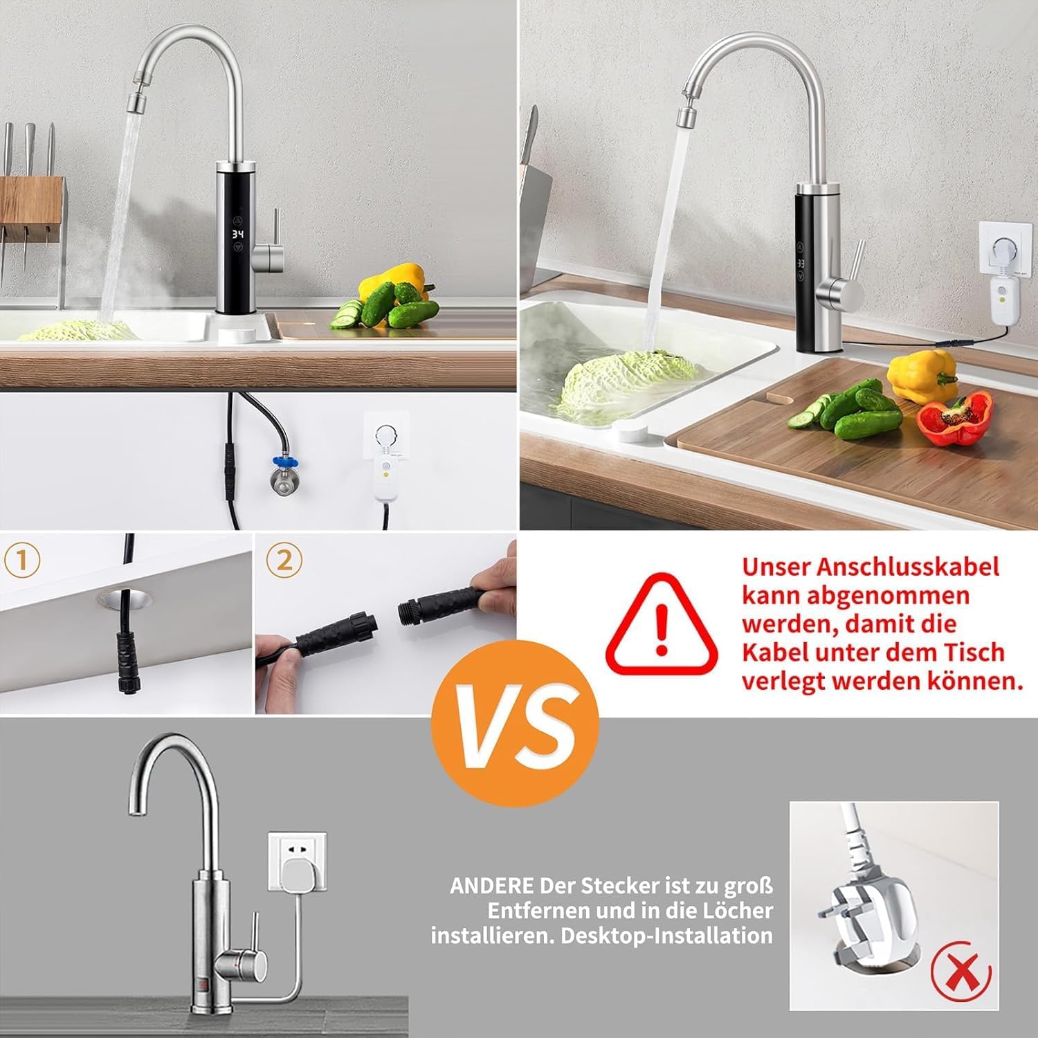 Detalle de HOMELODY Elektrischer Wasserhahn mit Durchlauferhitzer 230V – Präzises Touch-Display, Edelstahl & 360° Auslauf