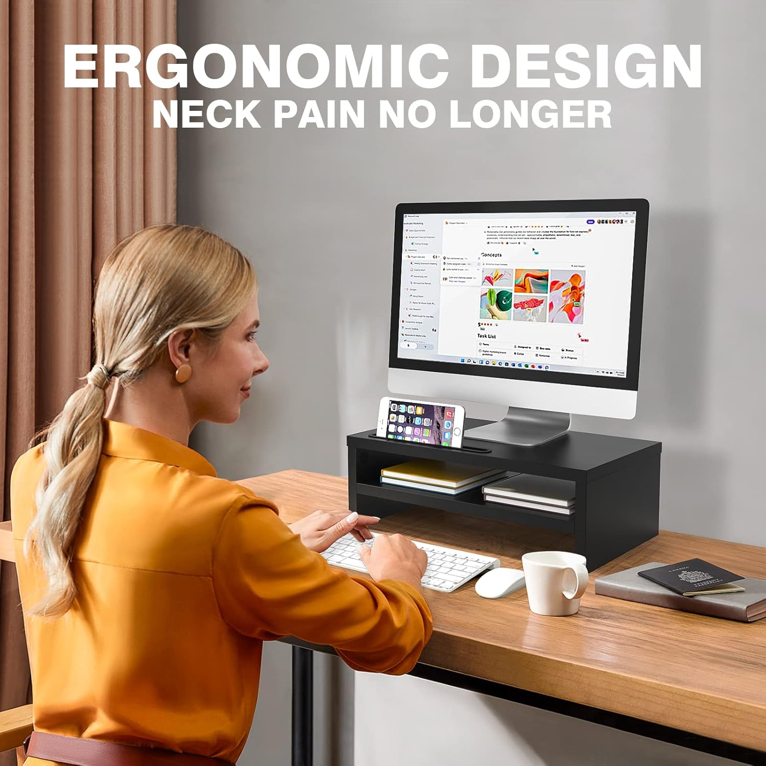 Thumbnail 1 de Rfiver Wood Monitor Stand Riser with Smartphone Holder and Cable Management (Black)