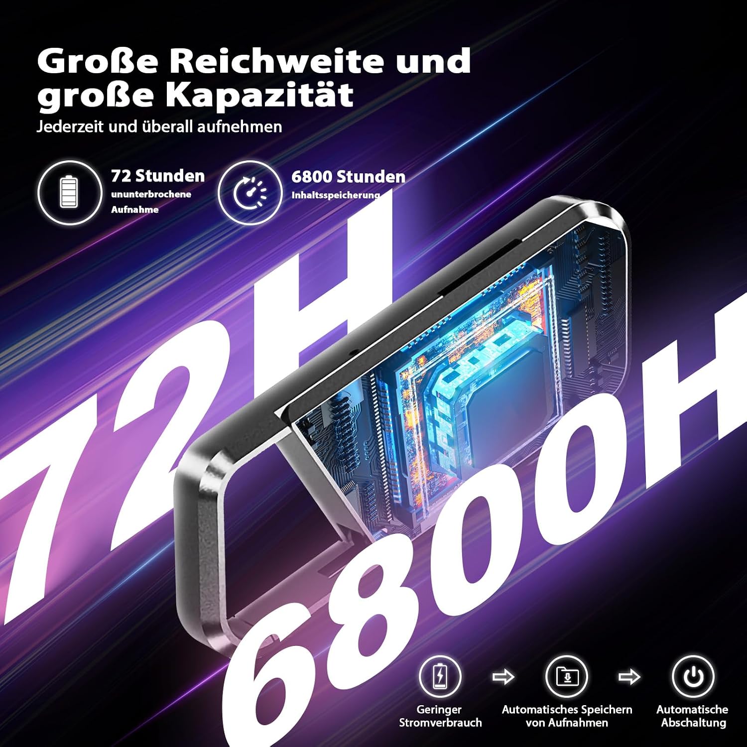 Detalle de 72GB Diktiergerät con riconoscimento vocale – Registratore vocale compatibile OTG, 6800 ore di registrazioni