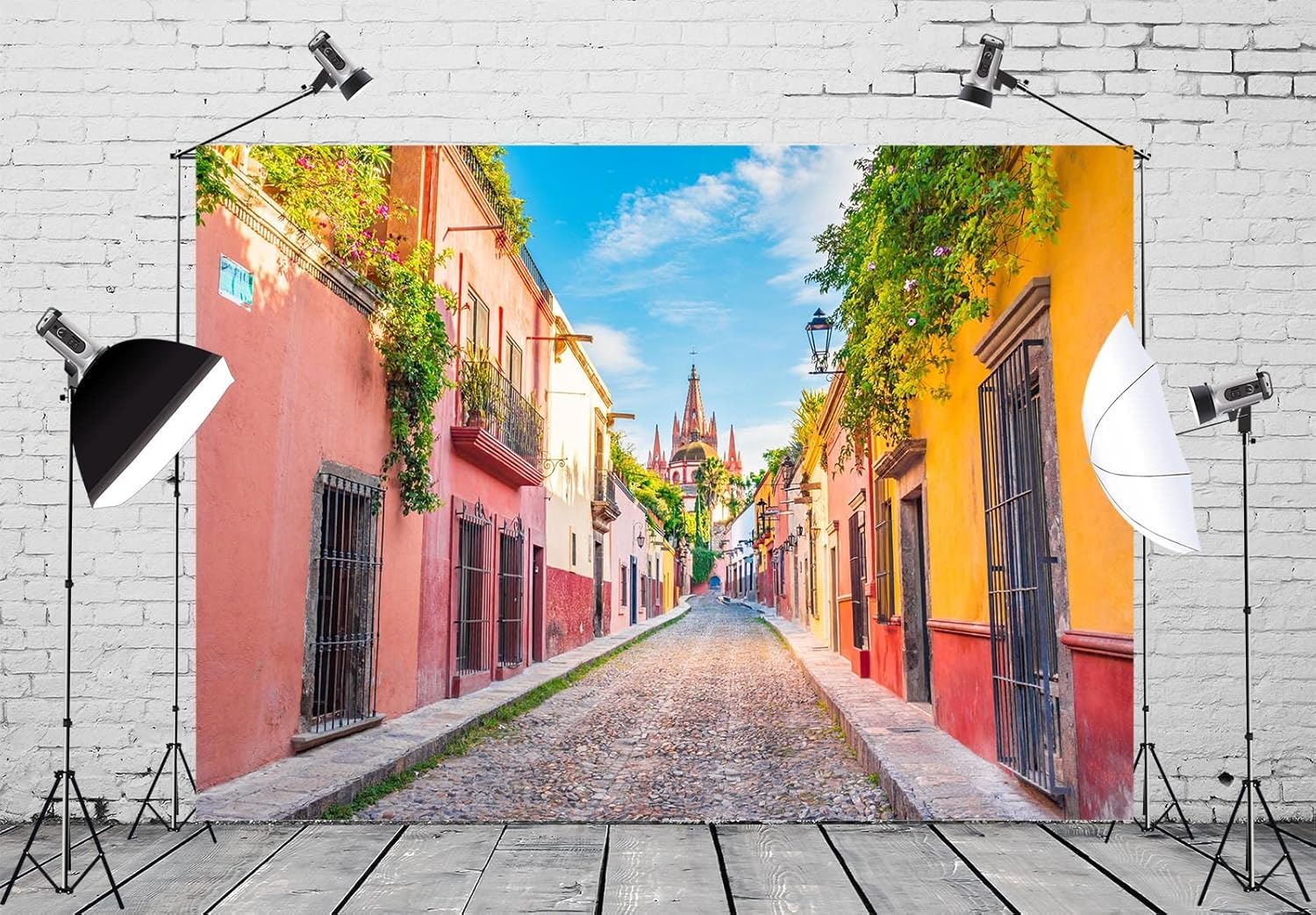 Detalle de BELECO 2.1x1.5m Fabric Mexico Town Street Backdrop for Photography — Colourful San Miguel de Allende Setting