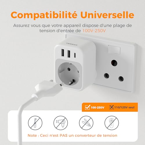 Thumbnail 4 de TESSAN Lot de 2 Adaptateur Afrique du Sud – 4 en 1 avec USB-C et USB-A