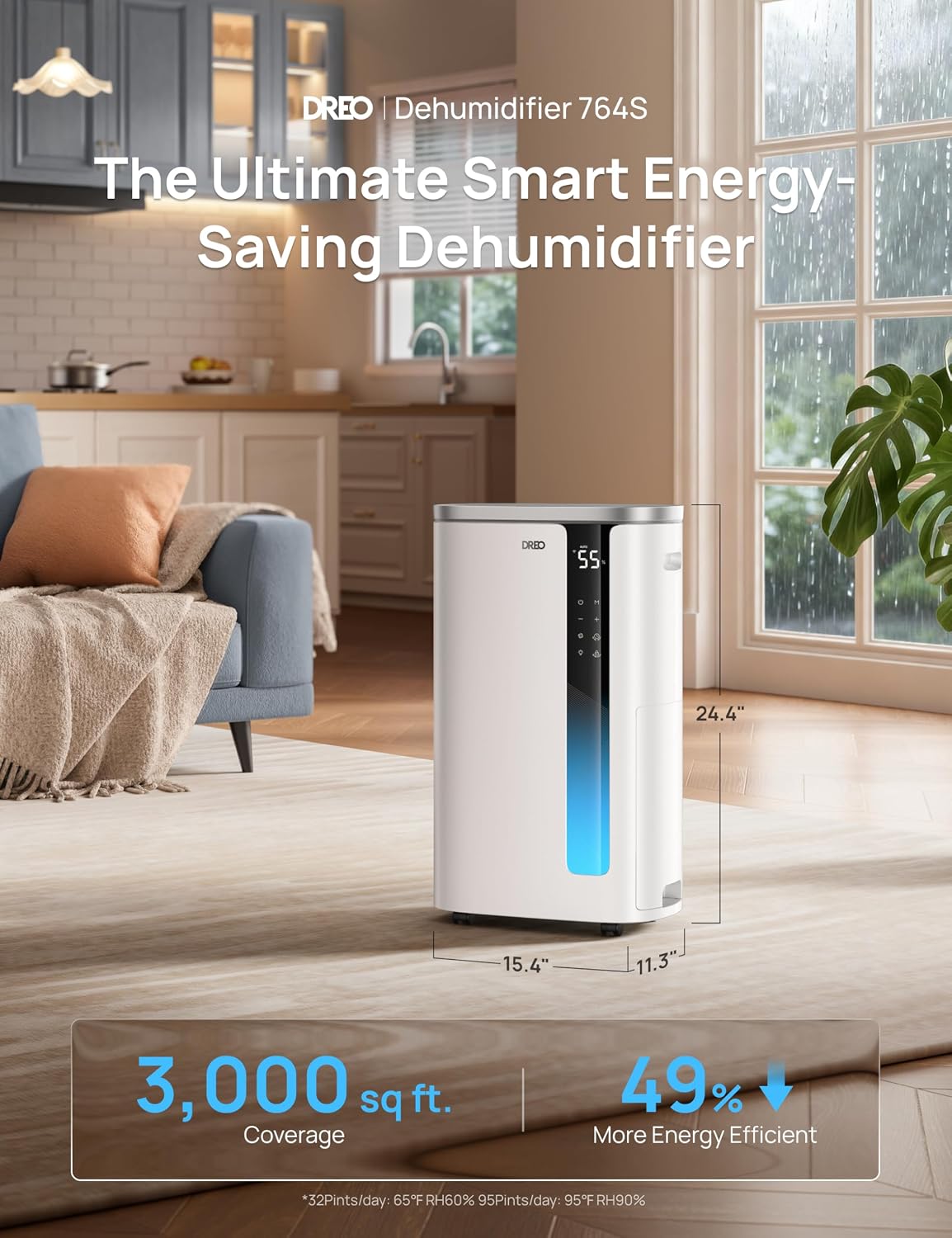 Detalle de DREO DR-HDH004S 95-Pint Smart Dehumidifier, 41 dB, 3 Speeds