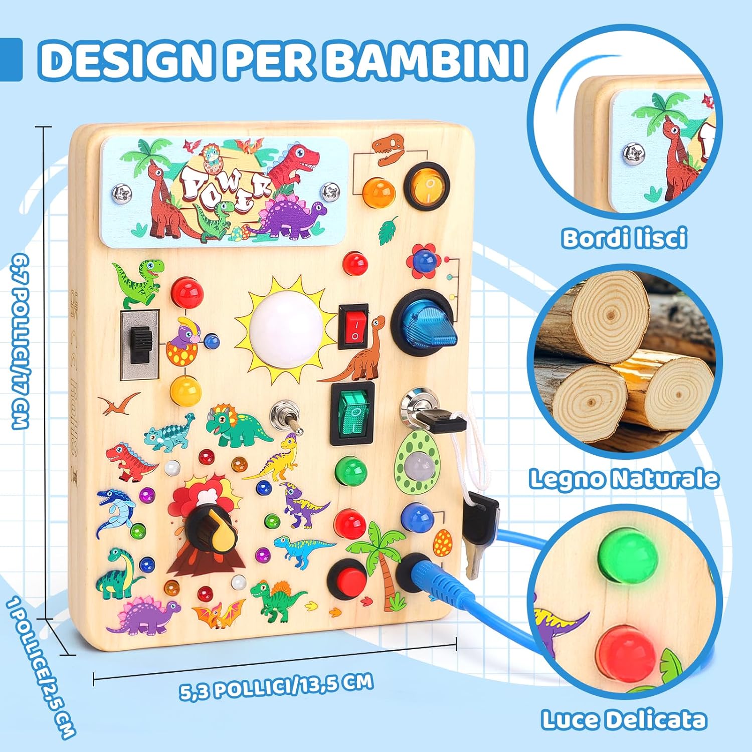 Thumbnail 3 de Konijiwa Dinosaur Busy Board Montessori in legno con 10 interruttori e 23 luci LED (da 1 anno)