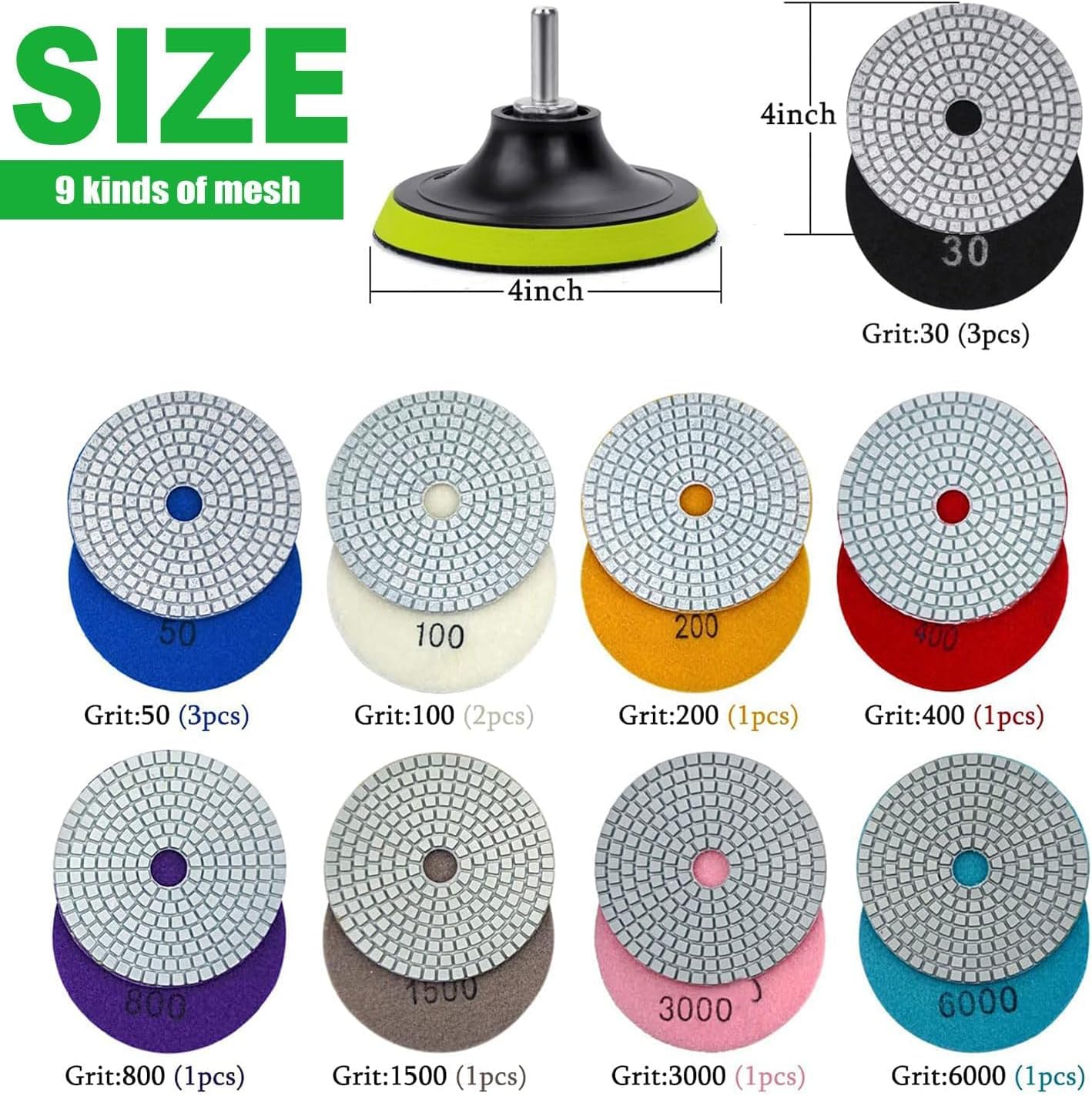 Thumbnail 1 de 16PCS Wet/Dry Diamond Polishing Pad Kit — 4 Inch, 30-6000 Grit with 5/8''-11 Backer Plate