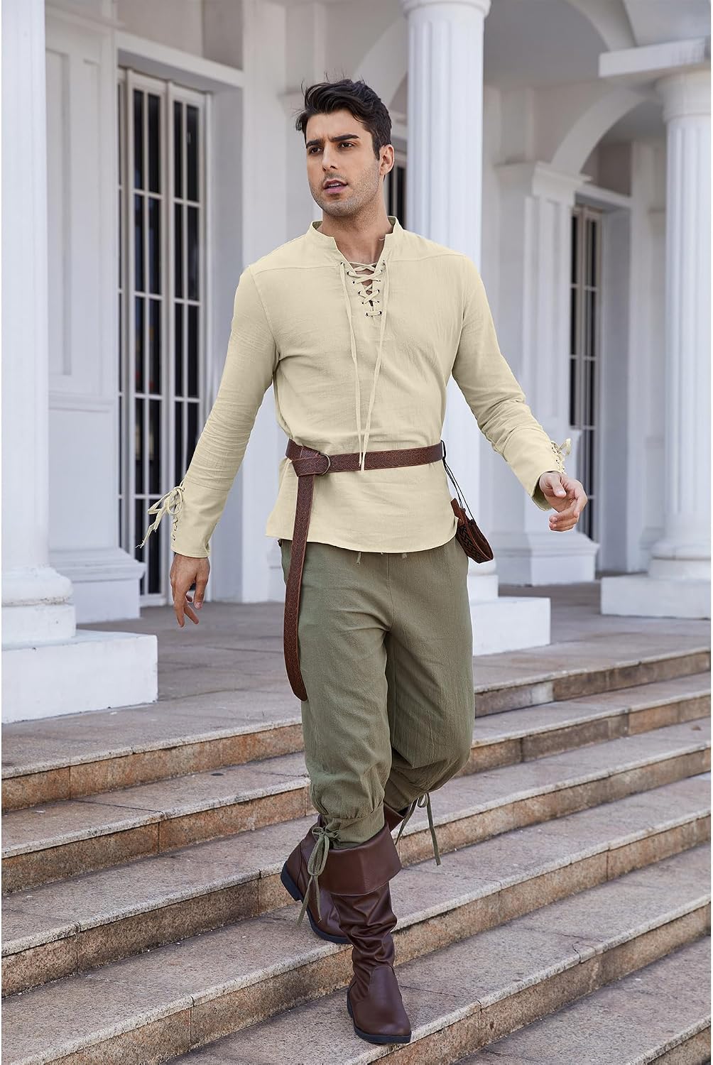Detalle de Chemise médiévale à lacets en lin coton pour homme – YAOBAOLE