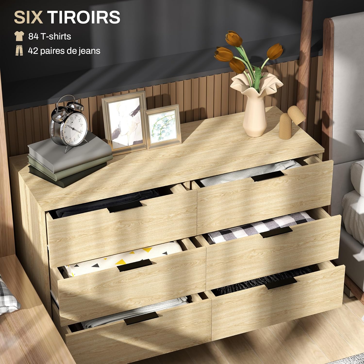 Thumbnail 3 de HOMCOM Commode à 6 tiroirs – Design moderne, stabilité anti-basculement, 110 x 40 x 75 cm