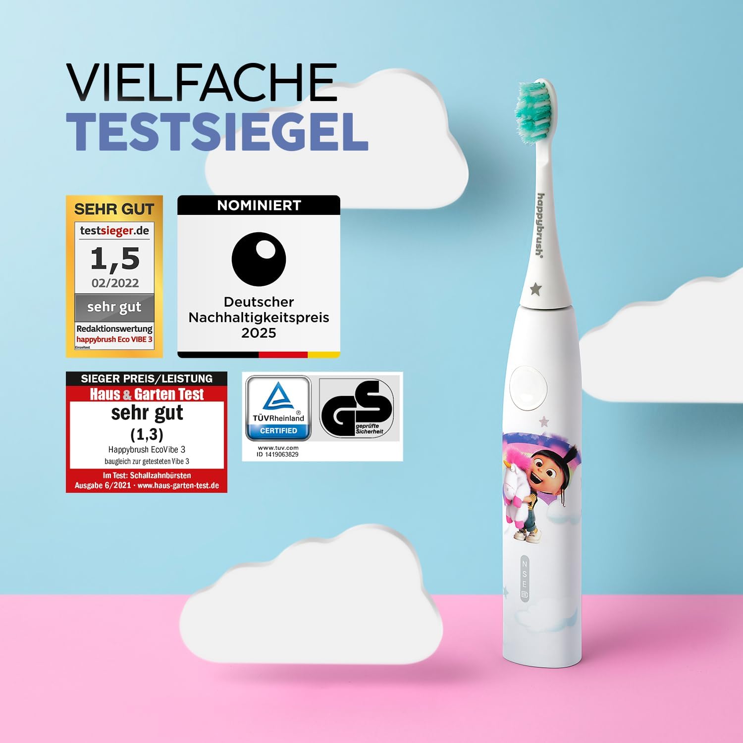 Detalle de happybrush Kids Schallzahnbürste inkl. 3 Aufsteckbürsten – Paw Patrol & Minions Agnes Einhorn-Design