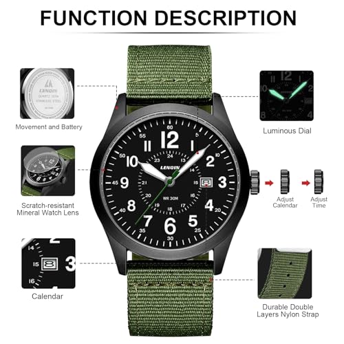 Detalle de LN LENQIN Orologio Uomo Militare Analogico Quarzo Impermeabile – 42 mm, cinturino in nylon